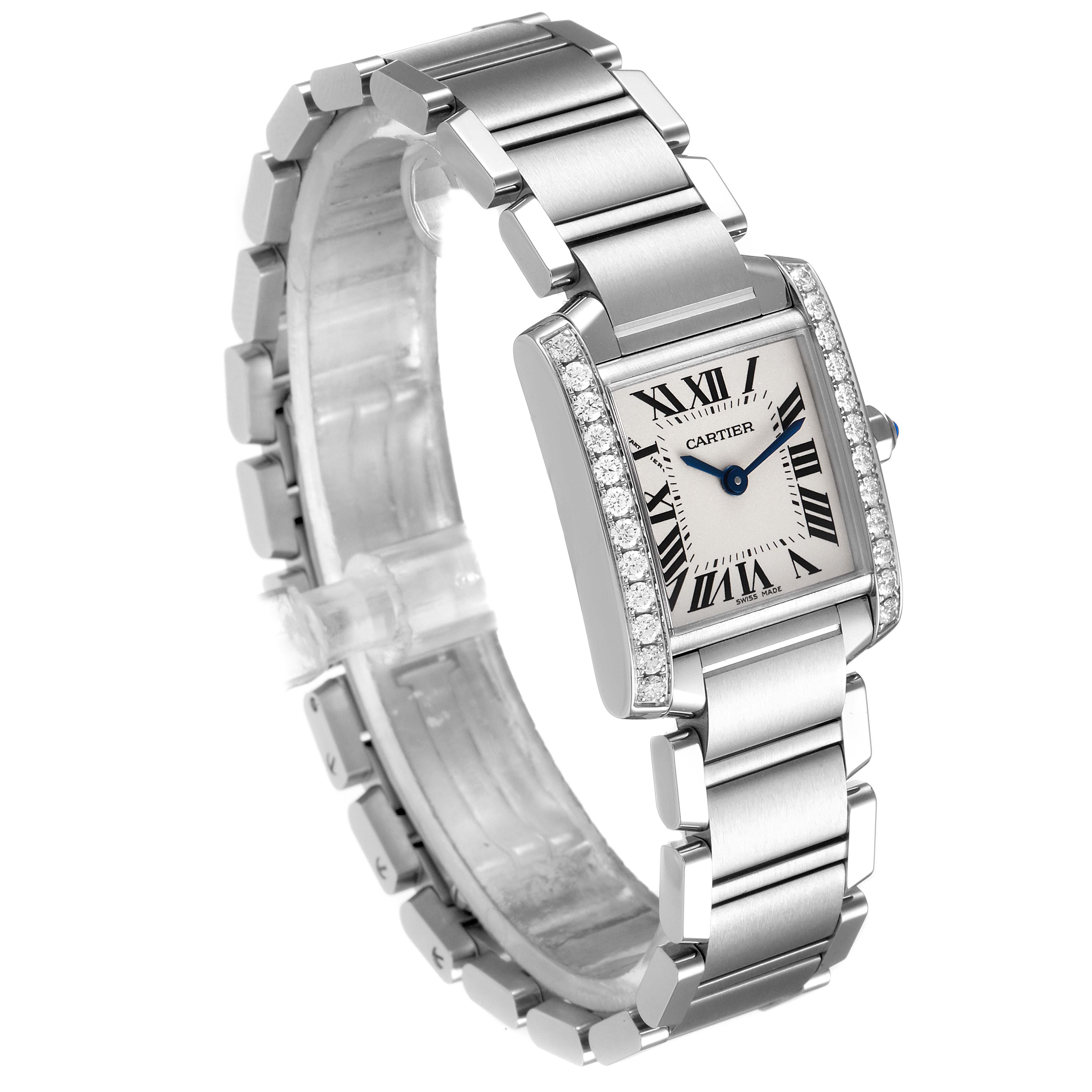The Cartier Tank Française watch is shown at an angled view, highlighting its rectangular face, diamond-set bezel, and metal bracelet.