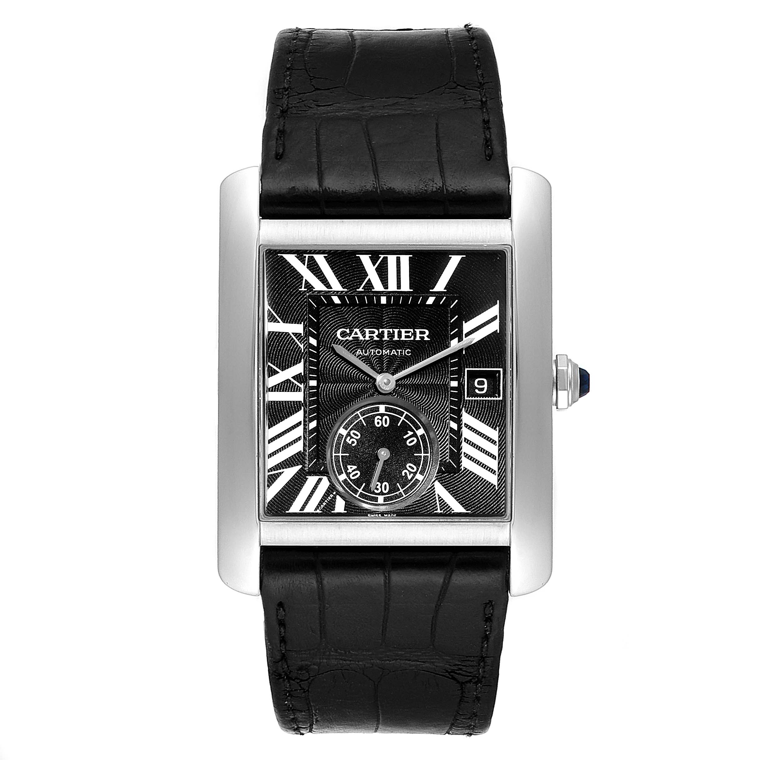 This is a front view of the Cartier Tank MC W5330004 Men's Stainless Steel Black Dial W5330004 Men's Stainless Steel Black Dial watch, displaying its rectangular case, black alligator leather strap, and dial features.