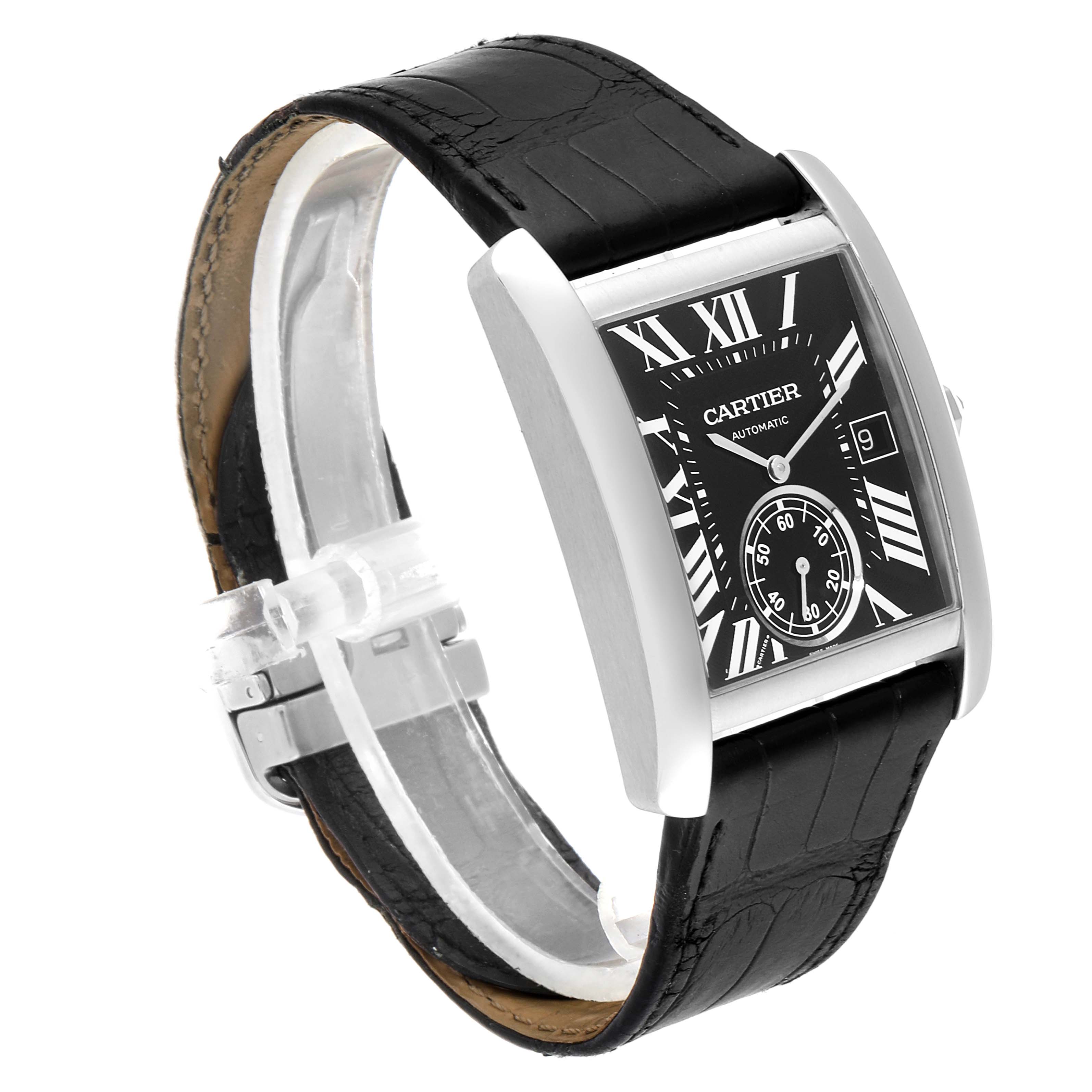 The image shows a side profile and partial front view of a Cartier Tank MC W5330004 Men's Stainless Steel Black Dial W5330004 Men's Stainless Steel Black Dial watch with a black leather strap.