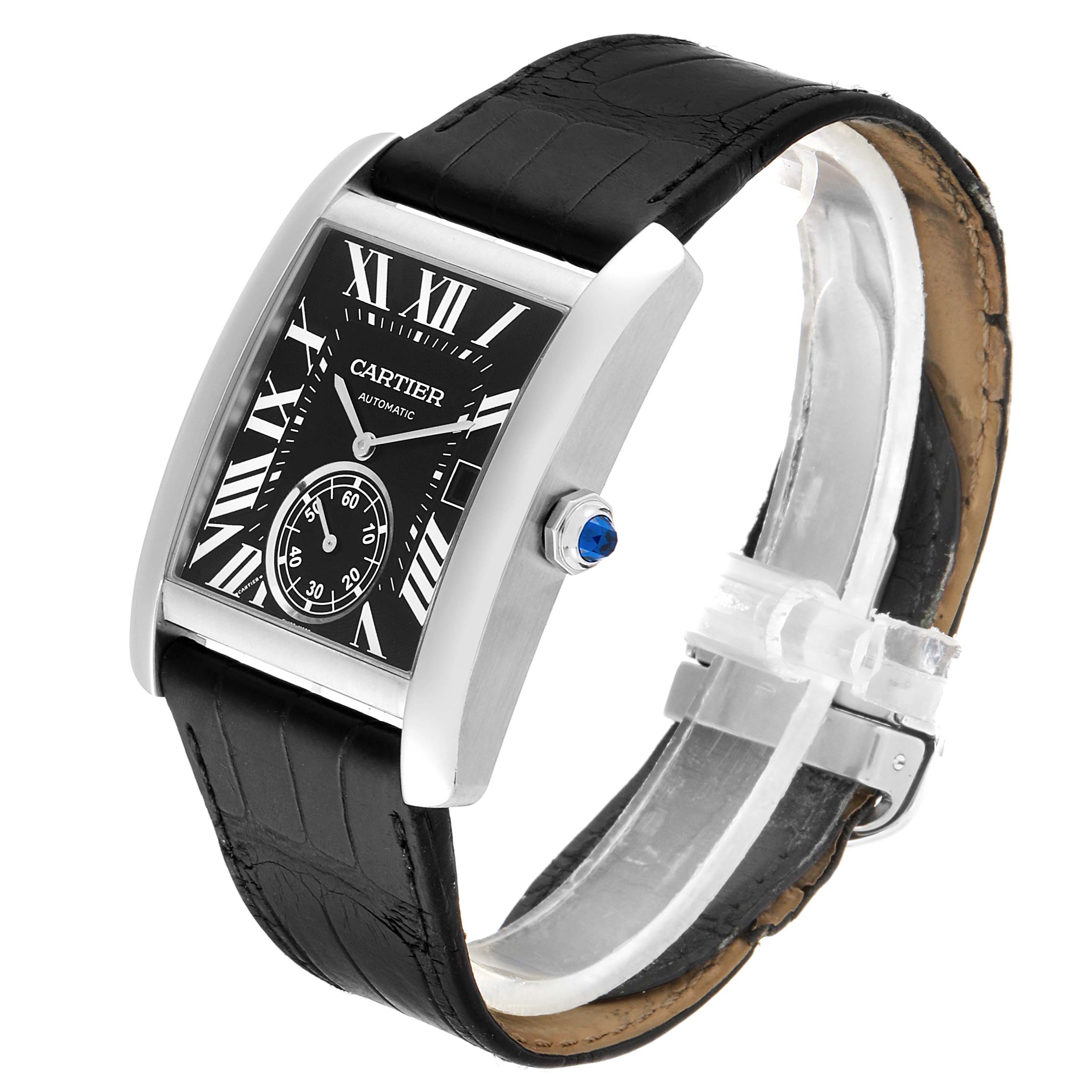 The image shows an angled view of the Cartier Tank MC W5330004 Men's Stainless Steel Black Dial W5330004 Men's Stainless Steel Black Dial watch, highlighting its black leather strap, black dial, and crown with blue gemstone.