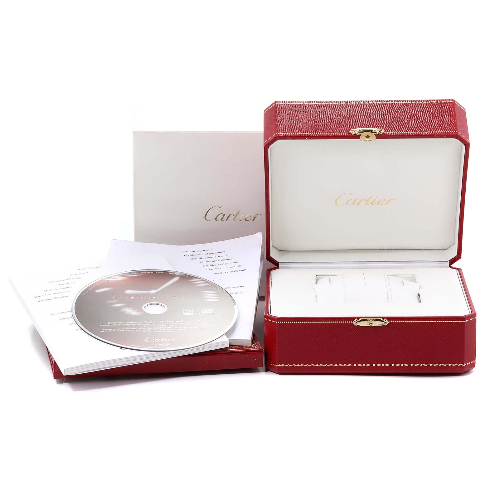 The image shows a Cartier Tank MC W5330004 Men's Stainless Steel Black Dial W5330004 Men's Stainless Steel Black Dial watch box, user manuals, an authenticity card, and a branded CD from a top-front angle.