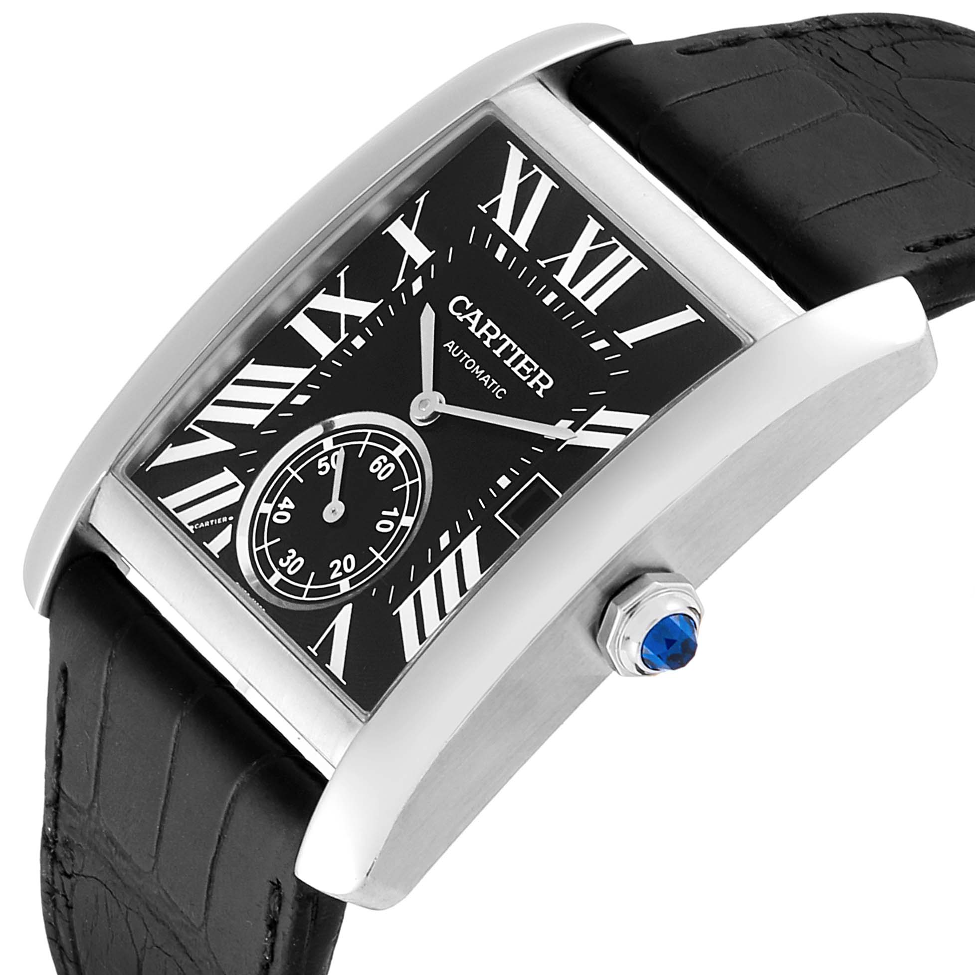 The image shows a Cartier Tank MC W5330004 Men's Stainless Steel Black Dial W5330004 Men's Stainless Steel Black Dial watch angled to display its black dial, Roman numerals, and crown with blue cabochon.