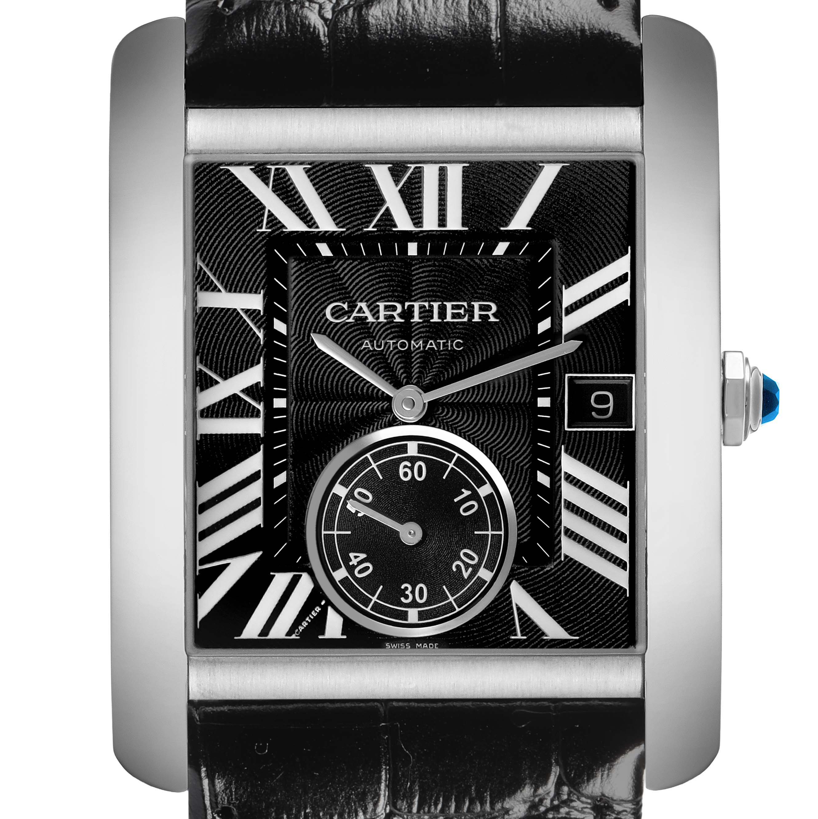 The Cartier Tank MC W5330004 Men's Stainless Steel Silver Dial watch is shown from the front, displaying the dial, Roman numerals, subdial, and date window.