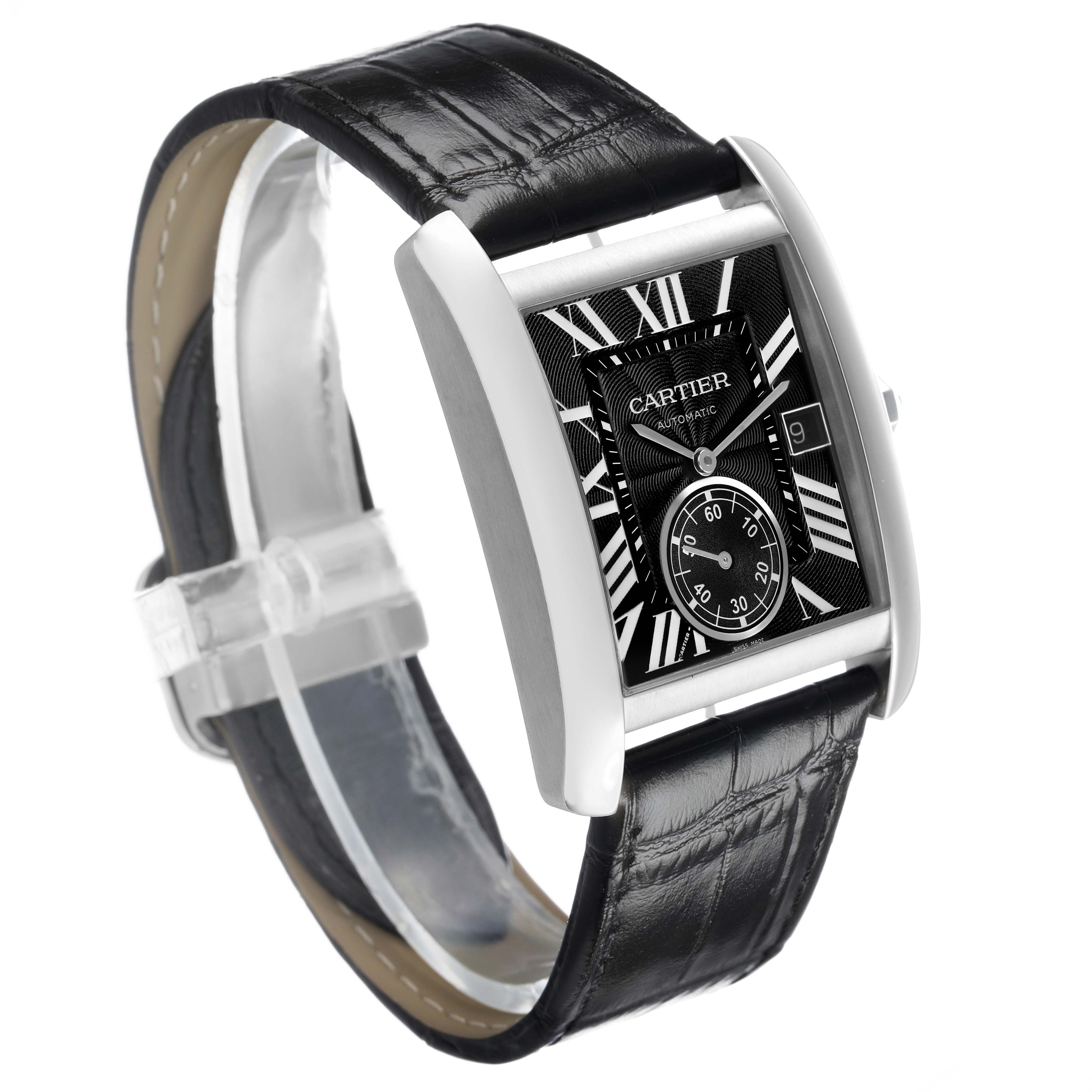 The Cartier Tank MC W5330004 Men's Stainless Steel Silver Dial watch is shown at an angled side view, displaying the face and black leather strap.