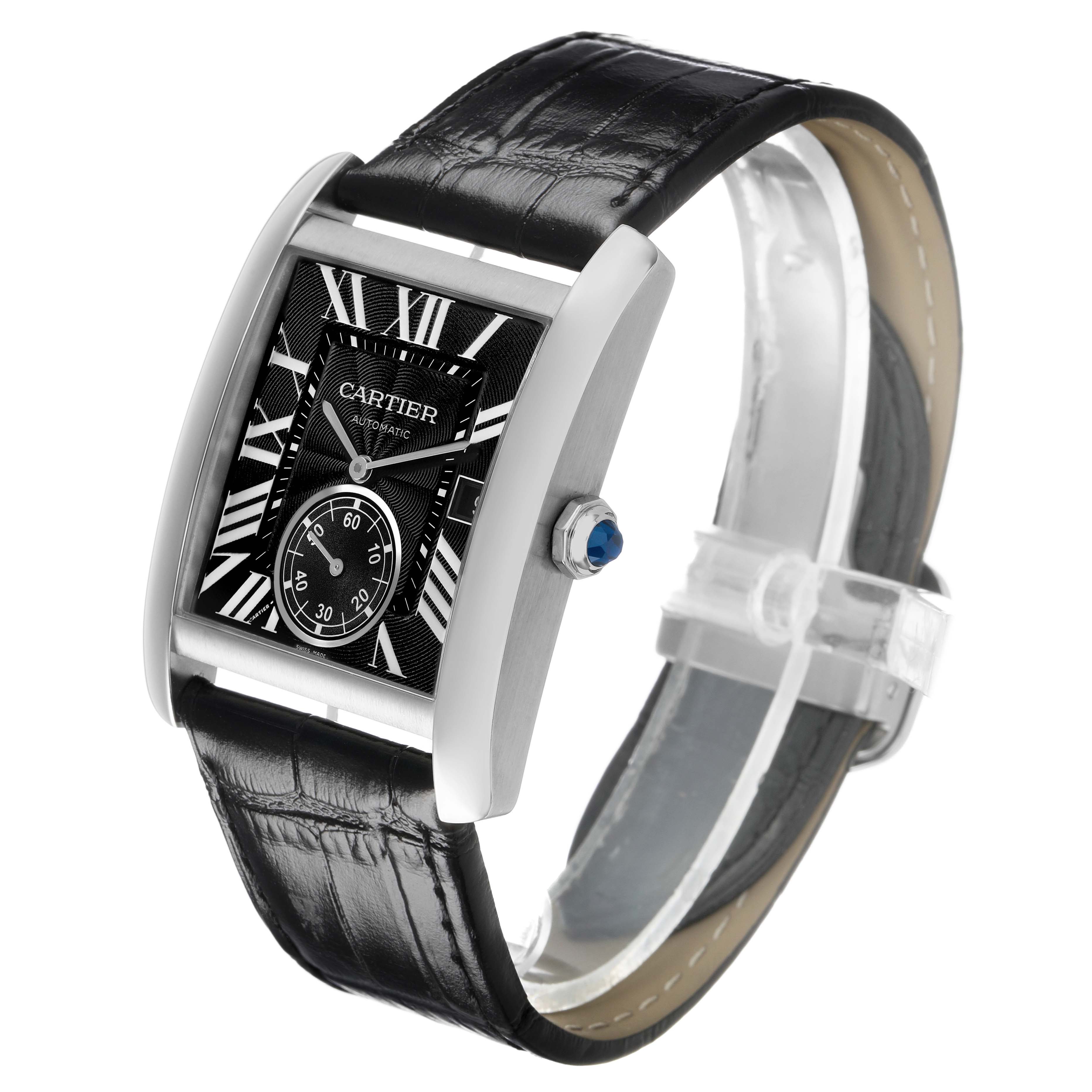 The Cartier Tank MC W5330004 Men's Stainless Steel Silver Dial watch is shown at a three-quarter angle, displaying its face, side profile, and black leather strap.