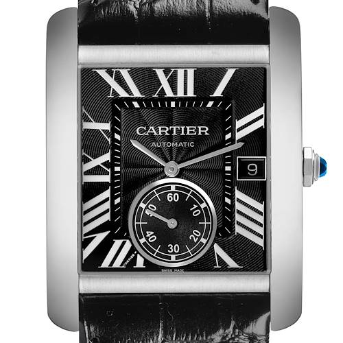 The Cartier Tank MC W5330004 Men's Stainless Steel Silver Dial watch is shown from a front view, highlighting its black dial, Roman numerals, and small seconds subdial.