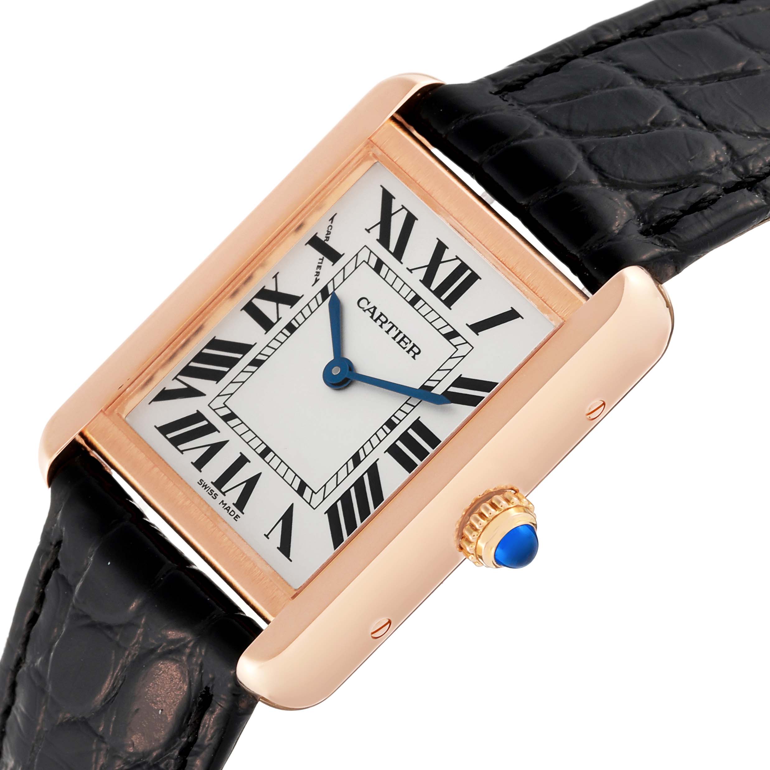 The Cartier Tank Solo W5200024 Women's Steel and Gold (two tone) Silver Dial W5200024 Women's Steel and Gold (two tone) Silver Dial watch is shown at an angle highlighting its rectangular face, Roman numerals, gold case, blue hands, and black leather strap.