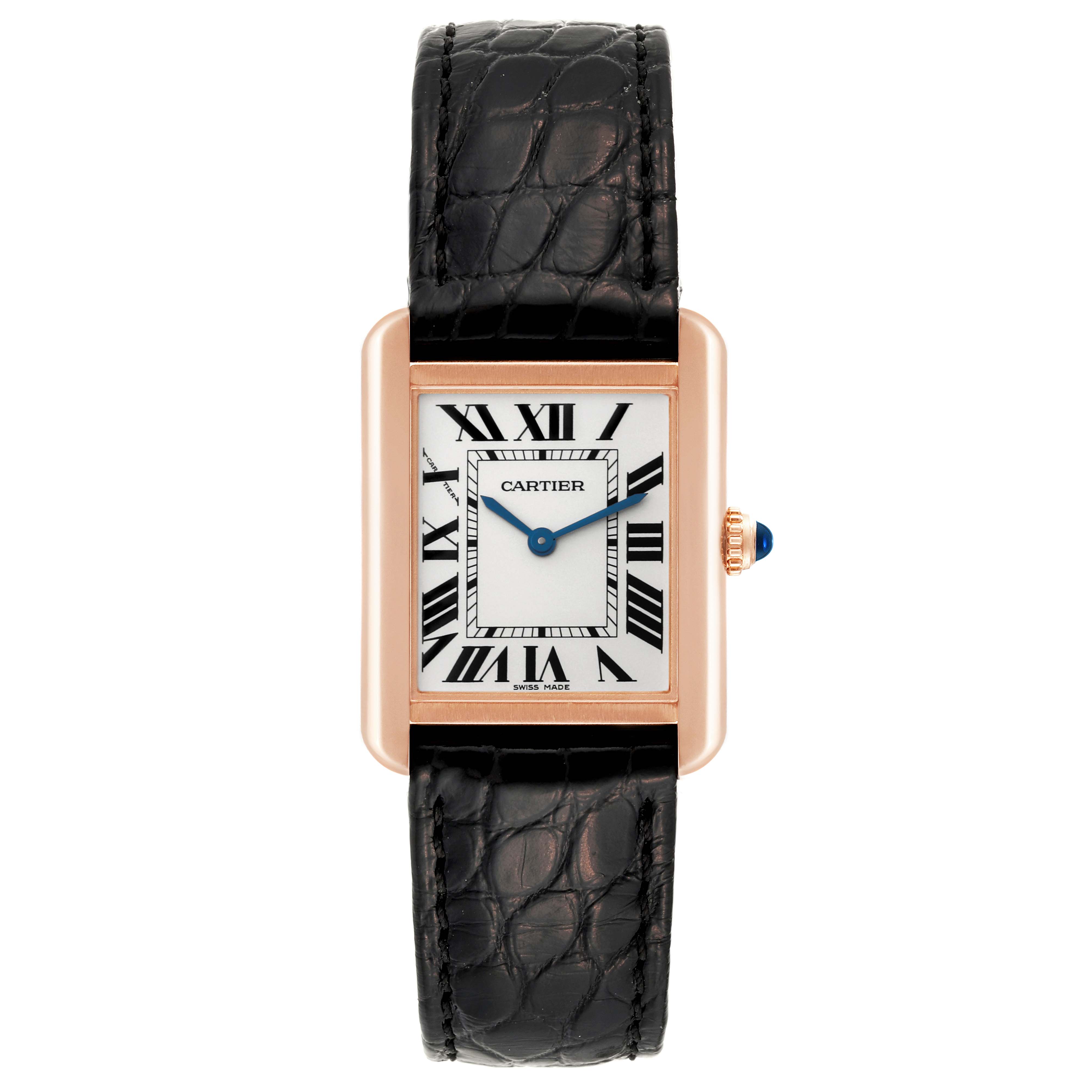The image shows a Cartier Tank Solo W5200024 Women's Steel and Gold (two tone) Silver Dial W5200024 Women's Steel and Gold (two tone) Silver Dial watch from the front, featuring a rectangular face, Roman numerals, and a black leather strap.