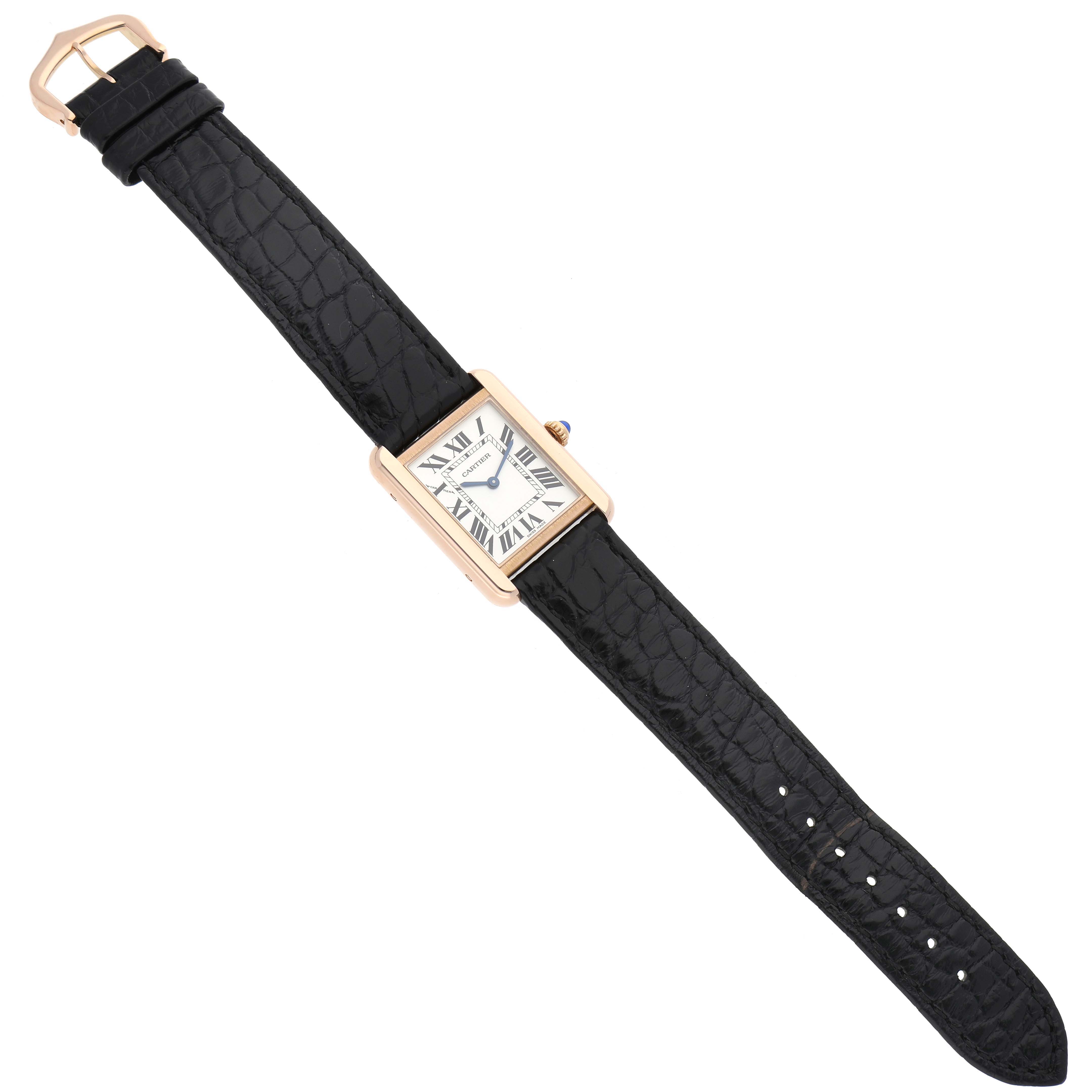 The image shows a full front view of the Cartier Tank Solo W5200024 Women's Steel and Gold (two tone) Silver Dial W5200024 Women's Steel and Gold (two tone) Silver Dial watch, featuring its rectangular dial and black leather strap.