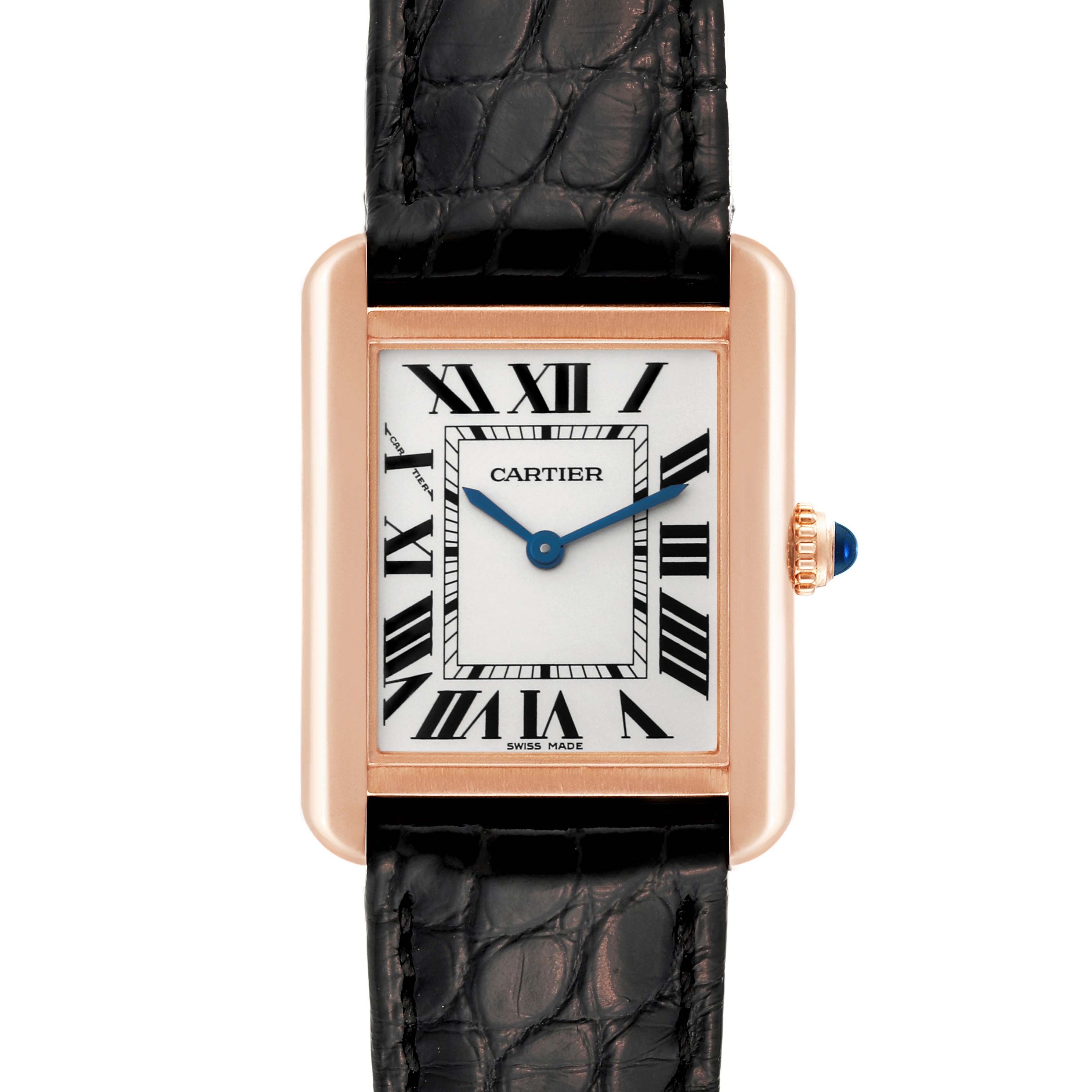 This image shows a close-up of the Cartier Tank Solo W5200024 Women's Steel and Gold (two tone) Silver Dial W5200024 Women's Steel and Gold (two tone) Silver Dial watch's face, bezel, and part of its black leather strap.