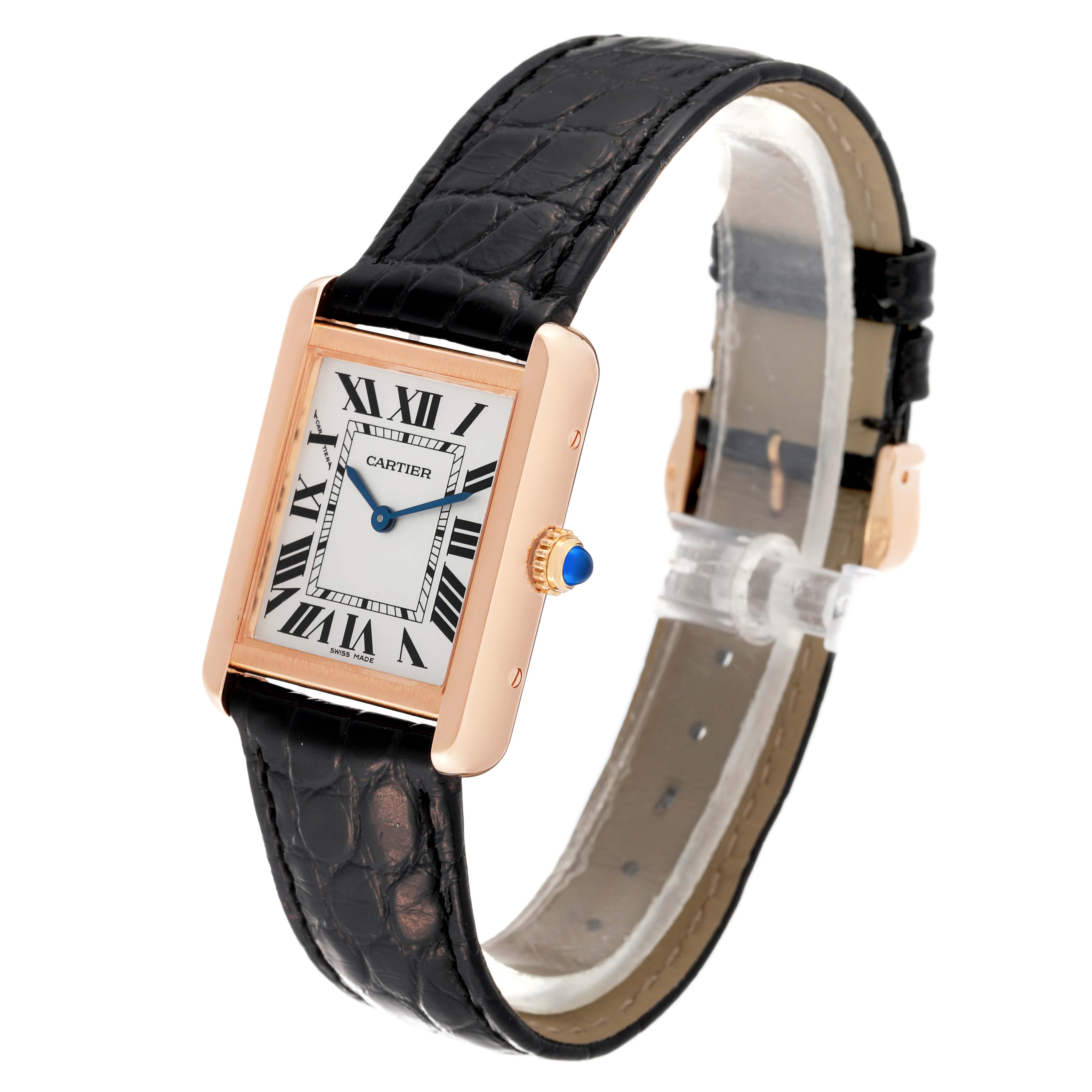 The image displays a Cartier Tank Solo W5200024 Women's Steel and Gold (two tone) Silver Dial W5200024 Women's Steel and Gold (two tone) Silver Dial watch at a slight angle, showing the face, crown, case, and leather strap.
