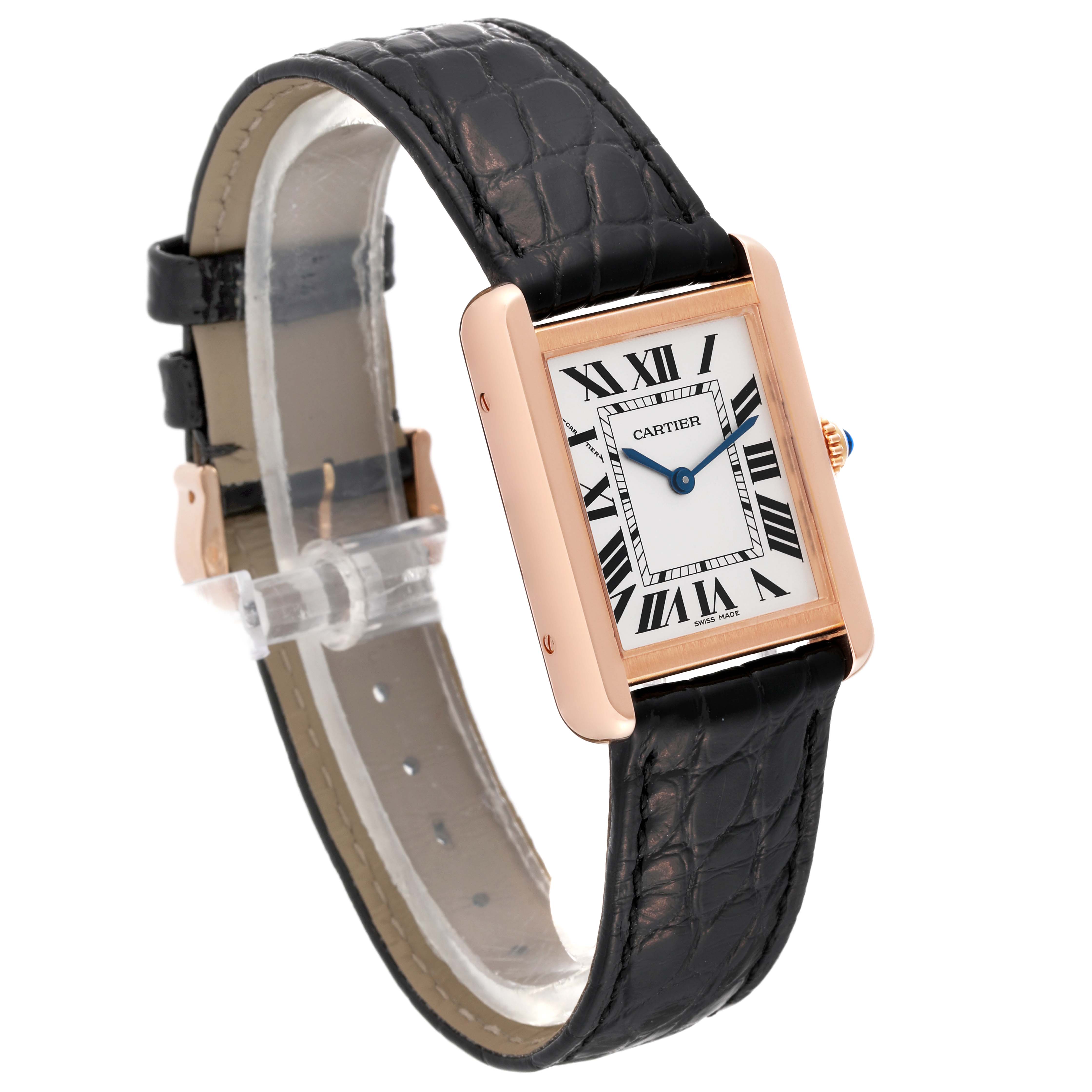 The Cartier Tank Solo W5200024 Women's Steel and Gold (two tone) Silver Dial W5200024 Women's Steel and Gold (two tone) Silver Dial watch is shown at a slight angle, displaying its rectangular dial, black leather strap, and rose gold case.