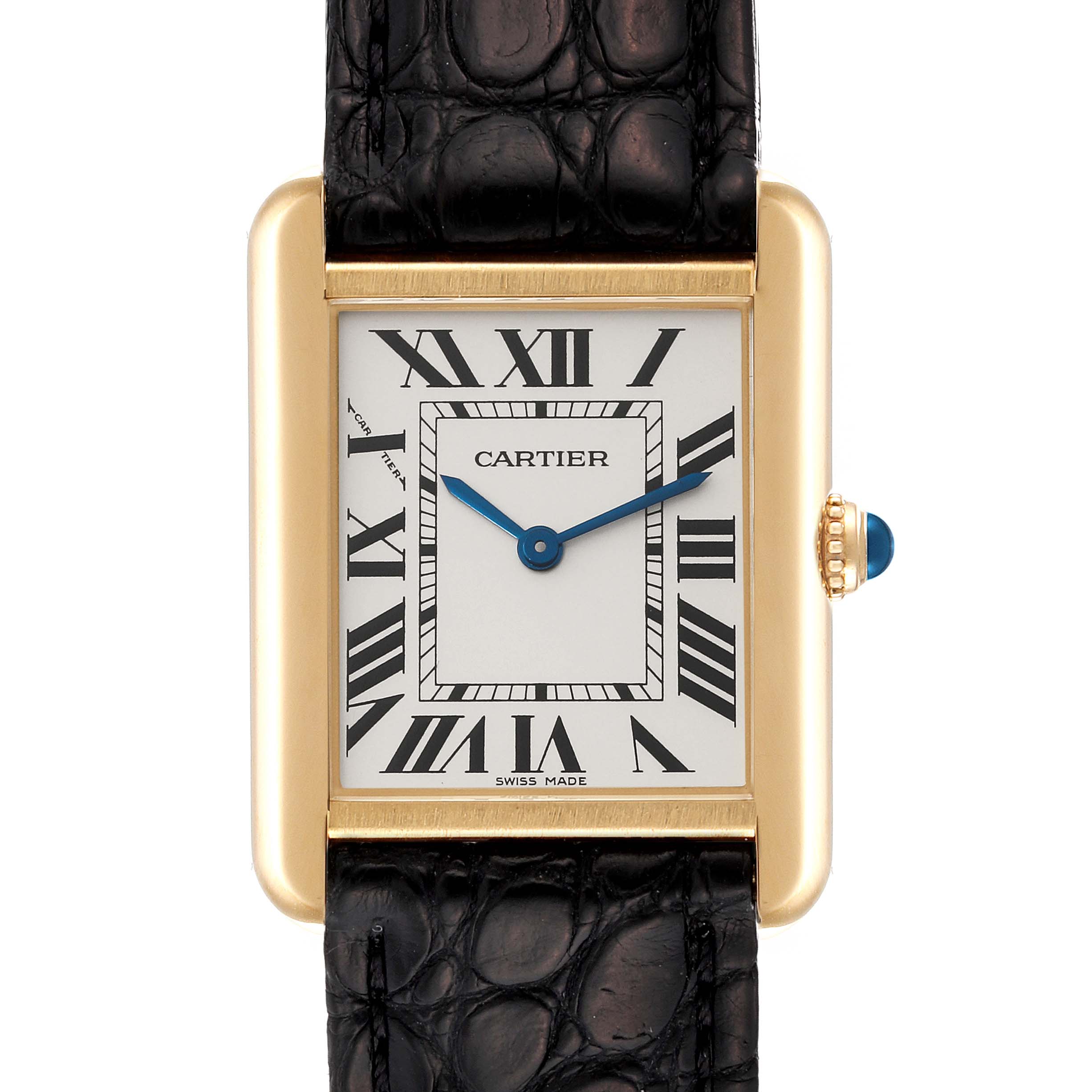 This is a close-up view of the face and upper strap of the Cartier Tank Solo W1018755 Women's Steel and Gold (two tone) Silver Dial W1018755 Women's Steel and Gold (two tone) Silver Dial watch, showcasing its Roman numerals and blue hands.