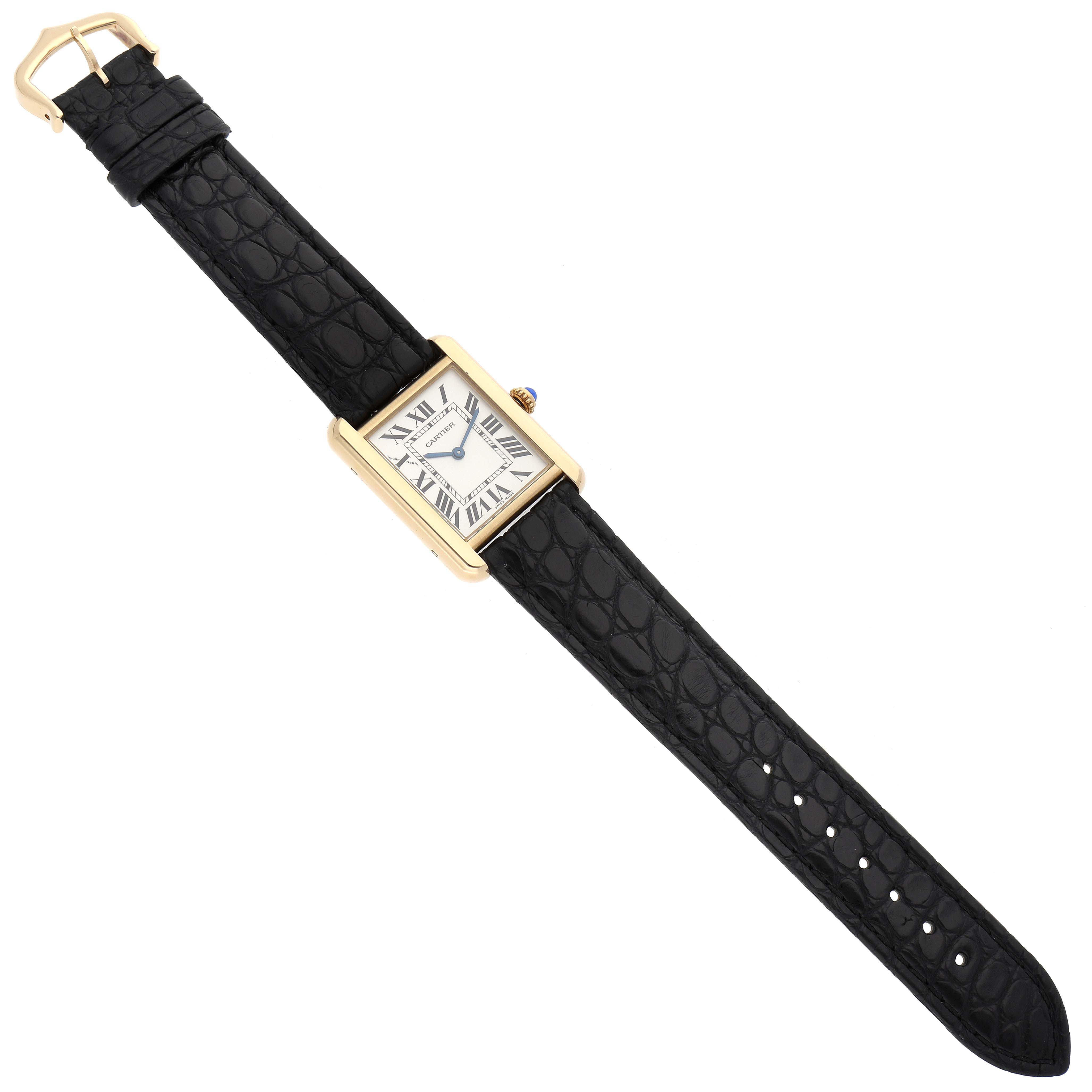 The Cartier Tank Solo W1018755 Women's Steel and Gold (two tone) Silver Dial W1018755 Women's Steel and Gold (two tone) Silver Dial watch is shown from a top-down angle, featuring the face and full strap.