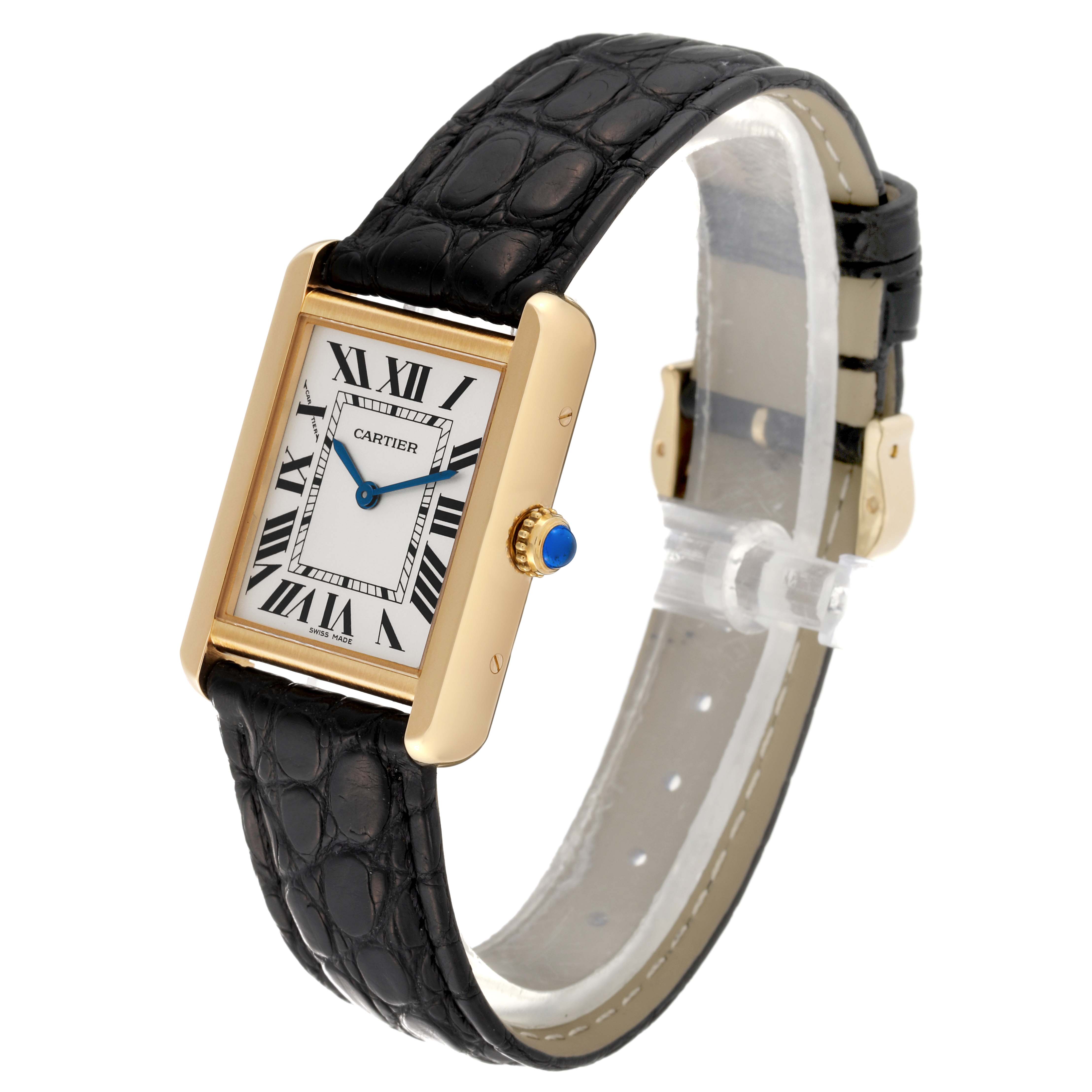 The image shows a Cartier Tank Solo W1018755 Women's Steel and Gold (two tone) Silver Dial W1018755 Women's Steel and Gold (two tone) Silver Dial watch at an angled front view, featuring its rectangular face, Roman numerals, and leather strap.