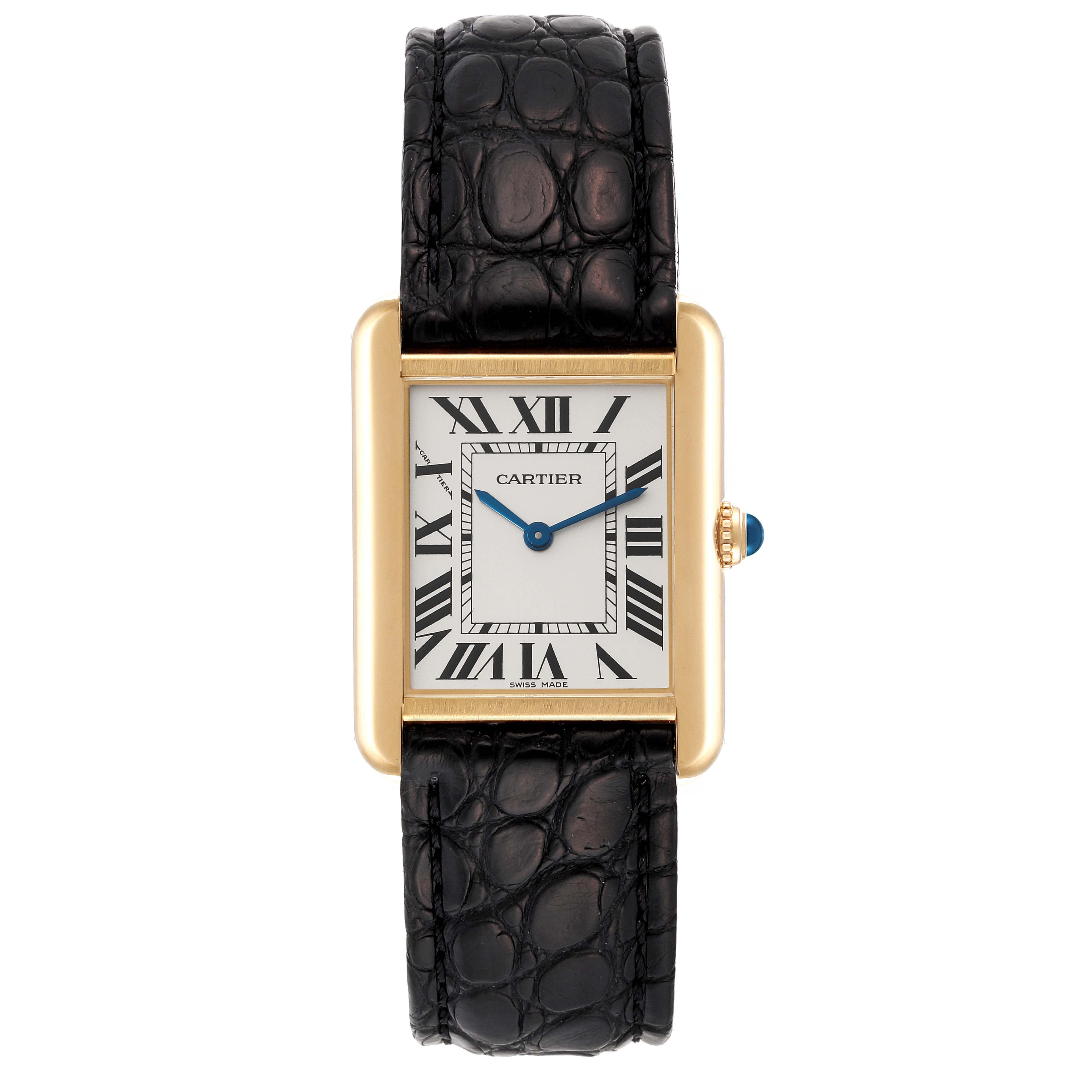 This image shows a frontal view of the Cartier Tank Solo W1018755 Women's Steel and Gold (two tone) Silver Dial W1018755 Women's Steel and Gold (two tone) Silver Dial watch, highlighting its dial, hands, case, and leather strap.