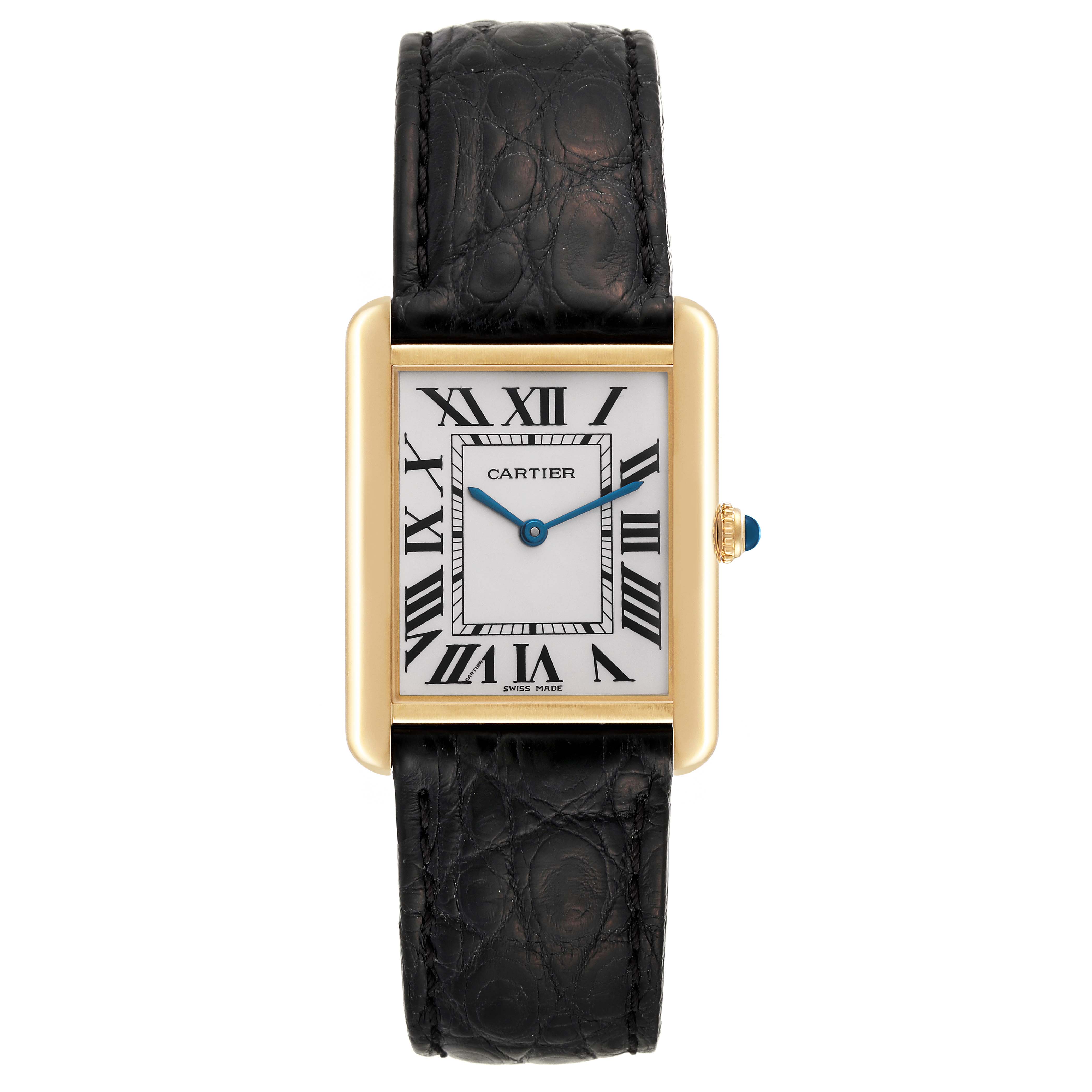 The Cartier Tank Solo W1018855 Men's Steel and Gold (two tone) Silver Dial W1018855 Men's Steel and Gold (two tone) Silver Dial watch is shown from the front, displaying its rectangular face, Roman numerals, and black leather strap.