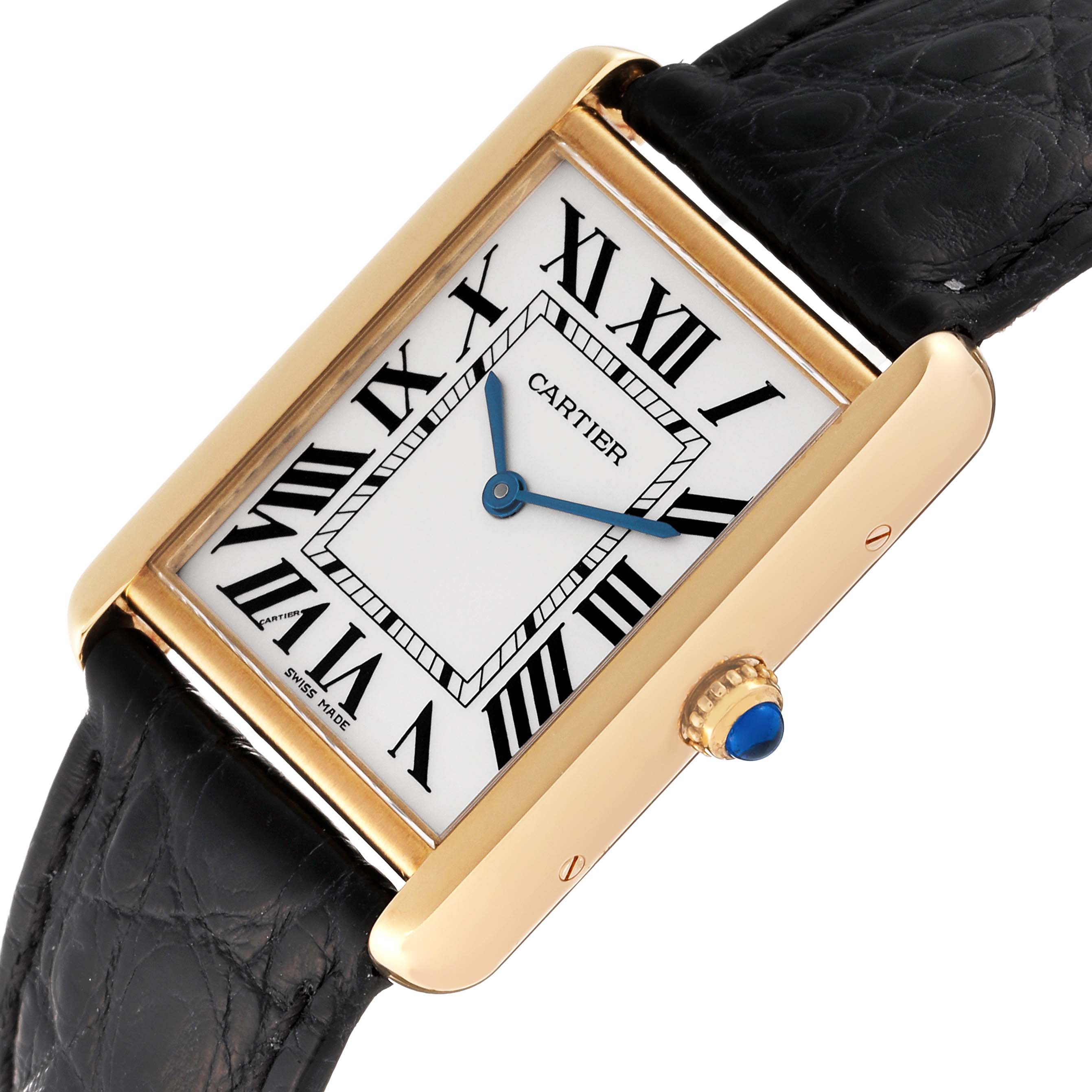 The Cartier Tank Solo W1018855 Men's Steel and Gold (two tone) Silver Dial W1018855 Men's Steel and Gold (two tone) Silver Dial watch is displayed at a slight angle, showing its rectangular face, Roman numerals, gold casing, and black leather strap.