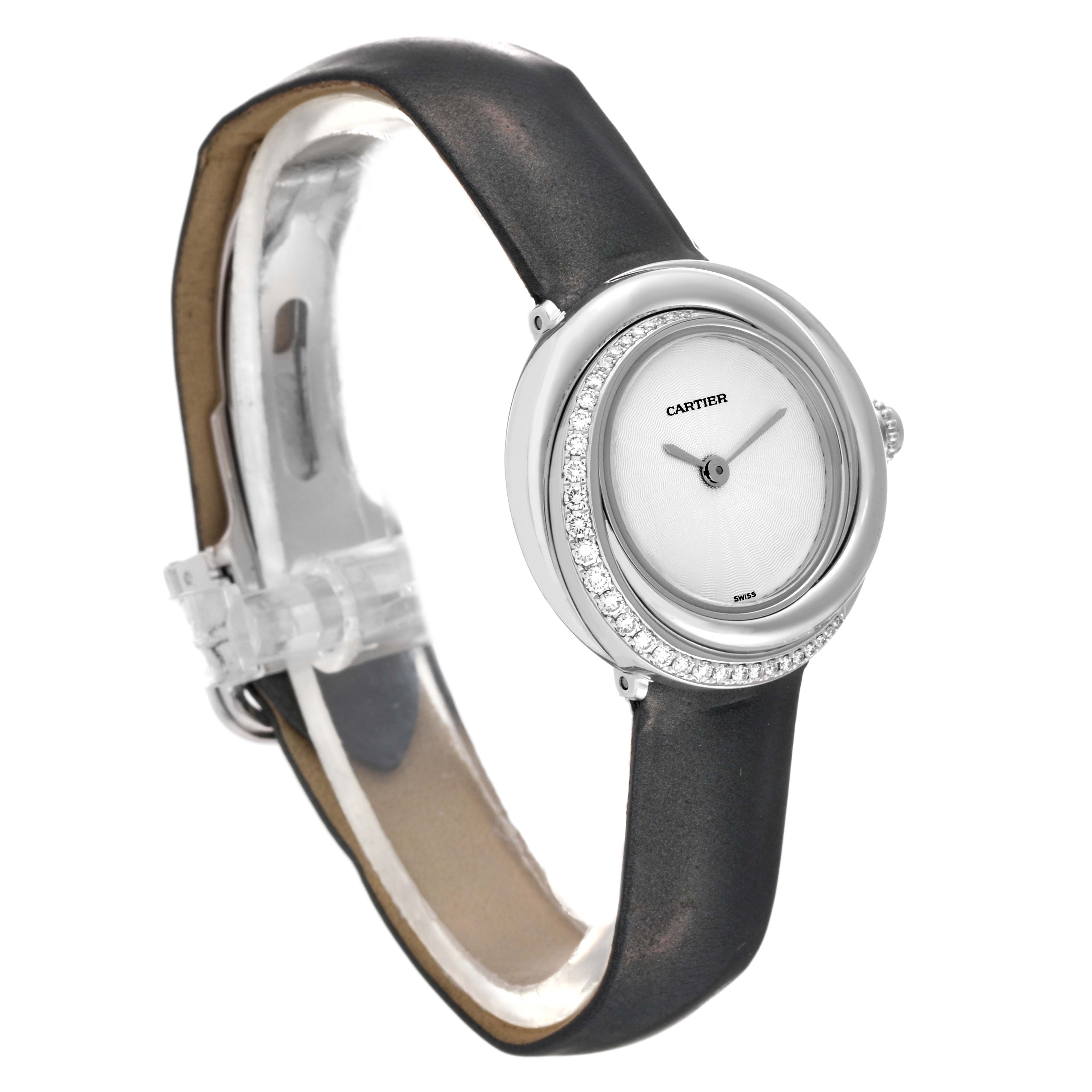 The image shows a front-side angle of the Cartier Trinity WG201041 Women's White Gold Silver Dial WG201041 Women's White Gold Silver Dial watch, highlighting its face, diamond bezel, and black leather strap.