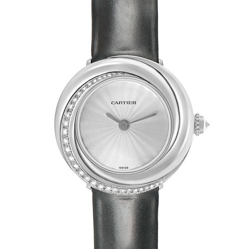 The Cartier Trinity WG201041 Women's White Gold Silver Dial watch is shown from a top view, highlighting its round face, diamond bezel, and black strap.