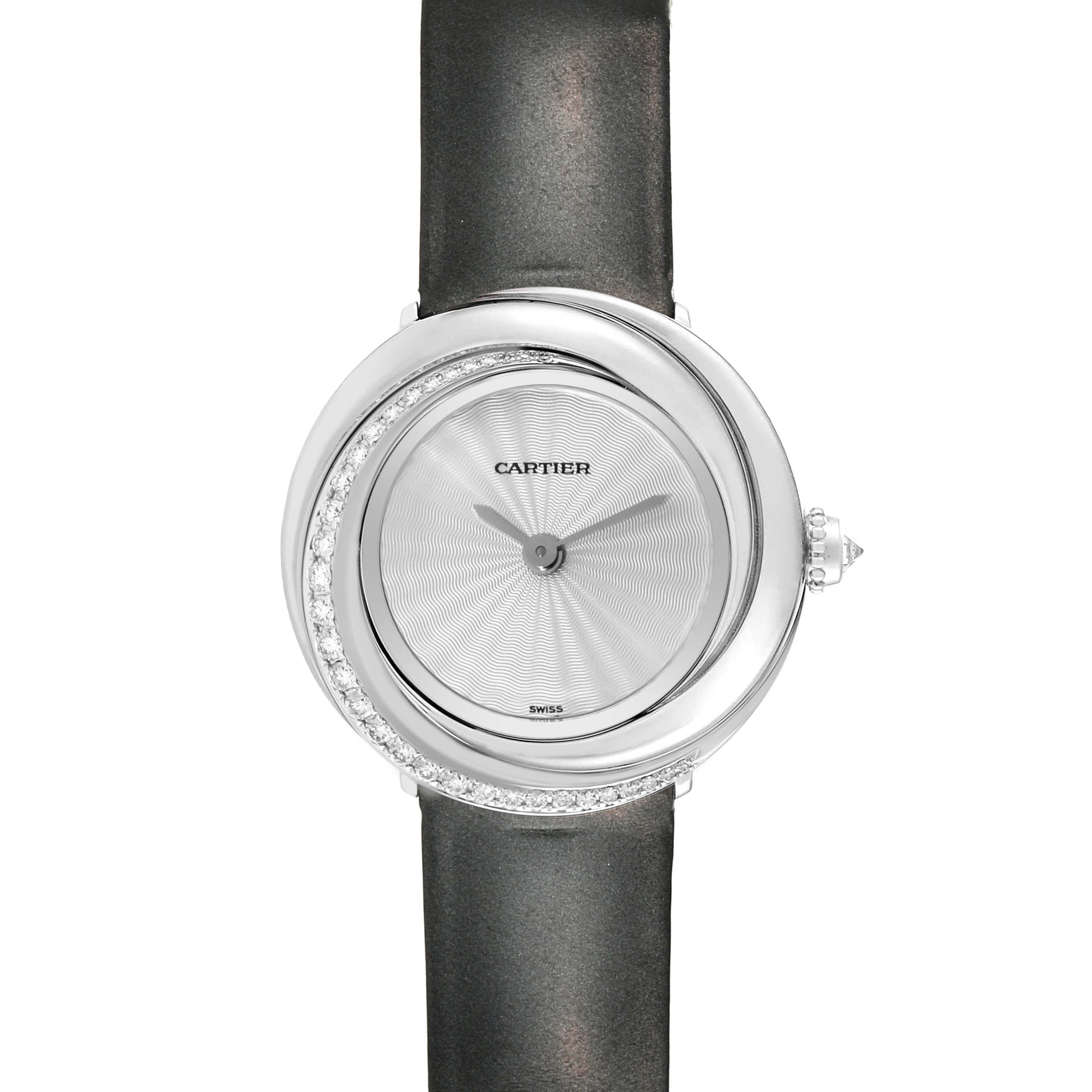 The image shows a front view of the Cartier Trinity WG201041 Women's White Gold Silver Dial WG201041 Women's White Gold Silver Dial model watch with a leather band and diamond-accented bezel.