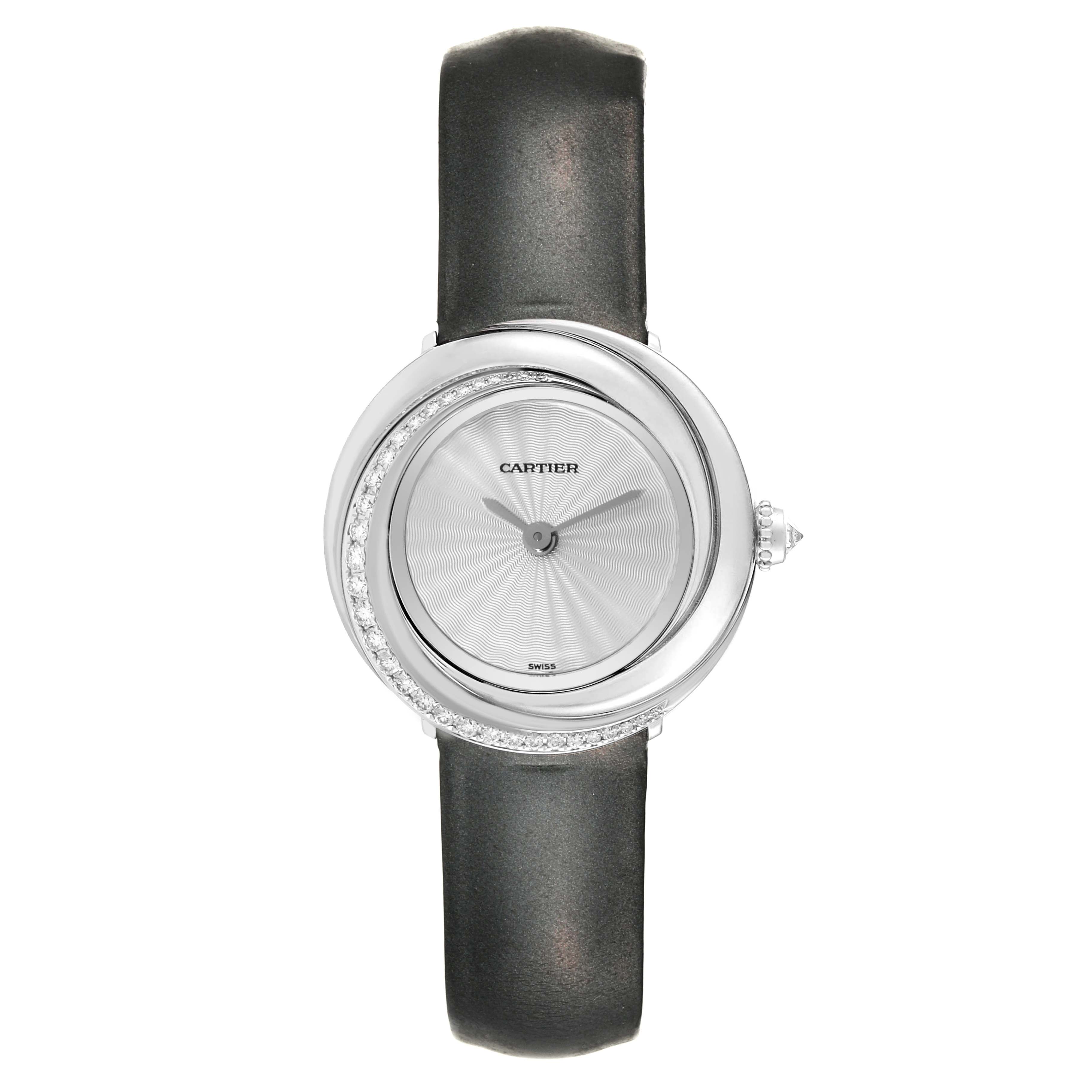 The image shows a front view of the Cartier Trinity WG201041 Women's White Gold Silver Dial WG201041 Women's White Gold Silver Dial model watch, highlighting its round face, black strap, and diamond-set bezel.