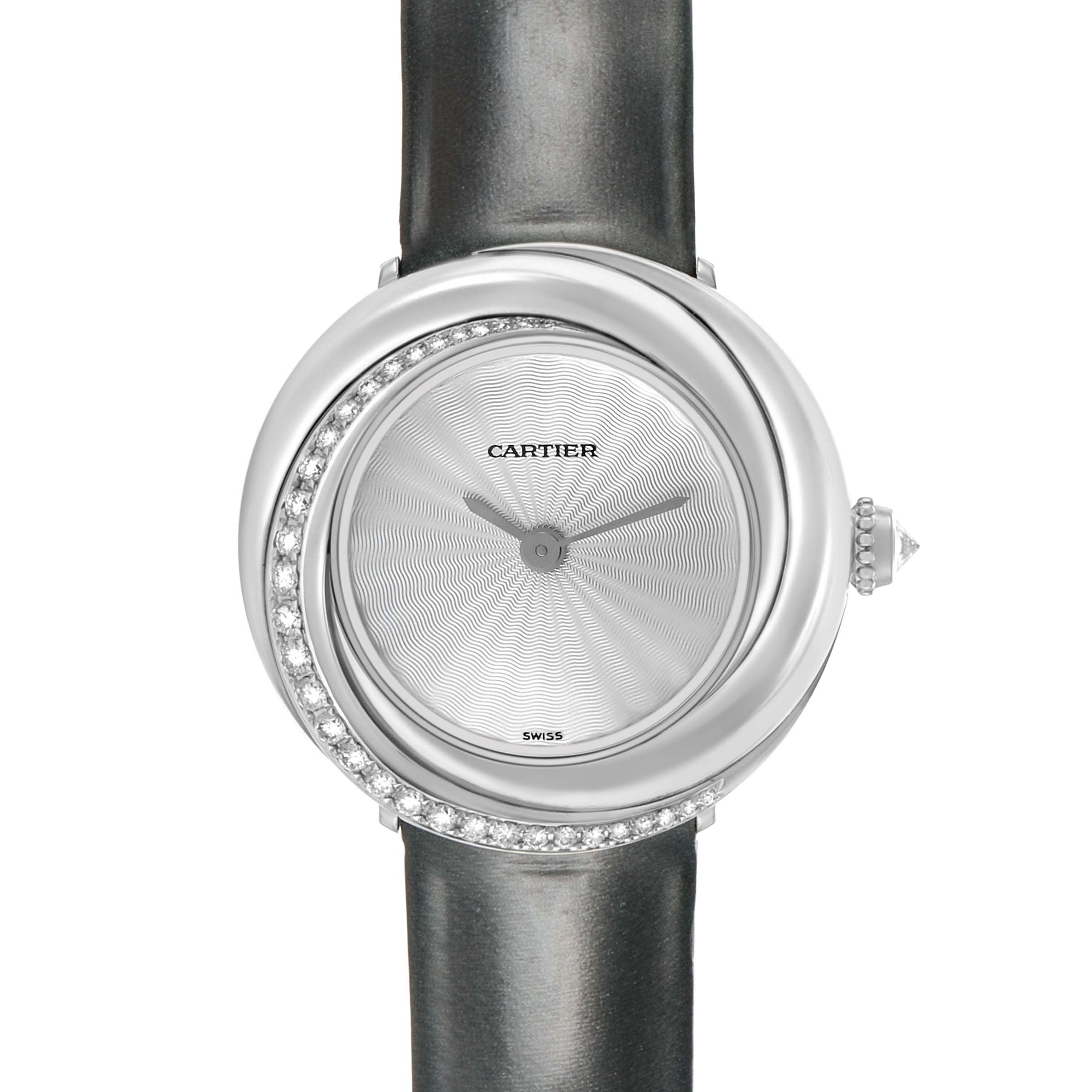 The Cartier Trinity WG201041 Women's White Gold Silver Dial watch is shown from a front angle, highlighting its round face, diamond-set bezel, and black strap.