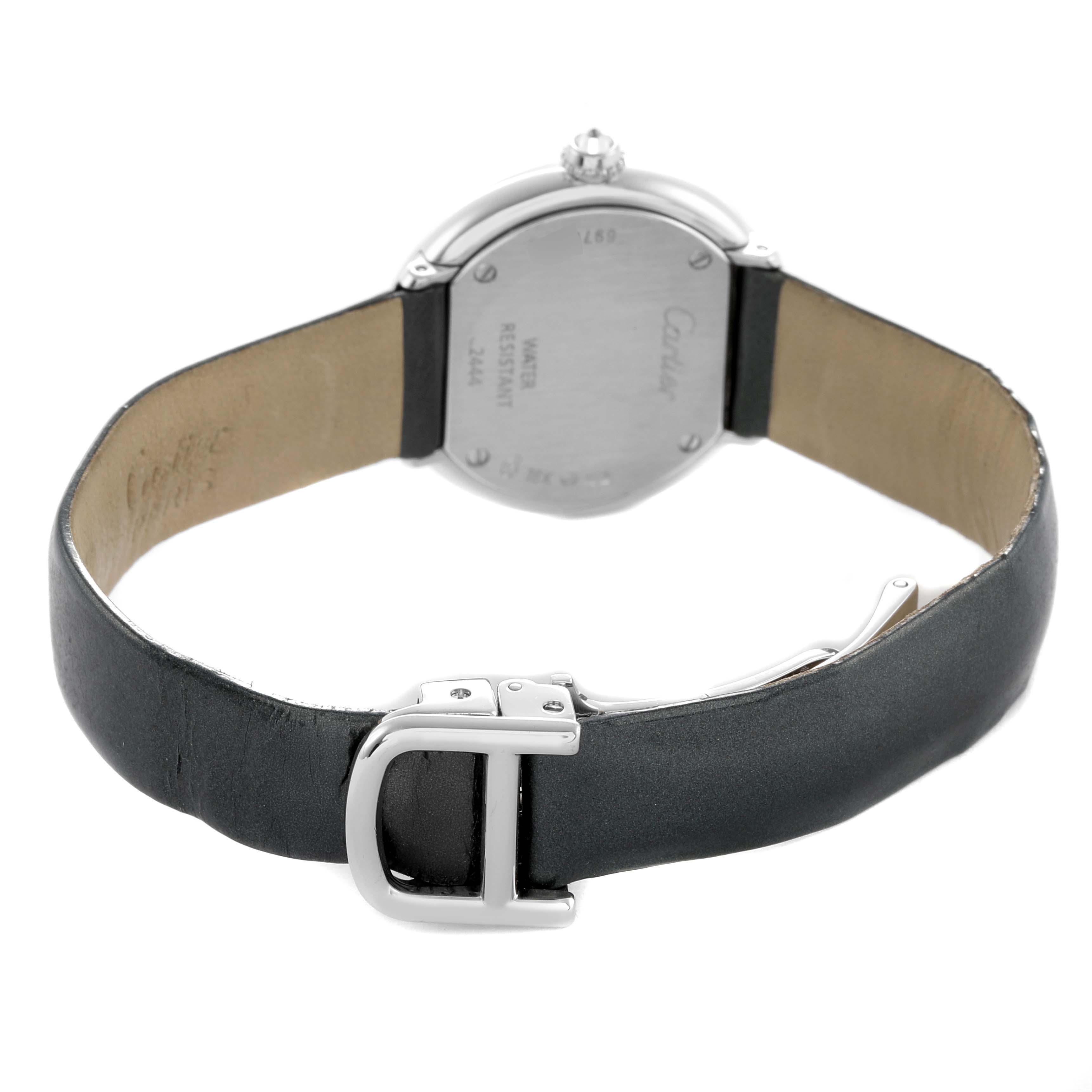 The image shows the back view of a Cartier Trinity WG201041 Women's White Gold Silver Dial watch, highlighting the strap and clasp.