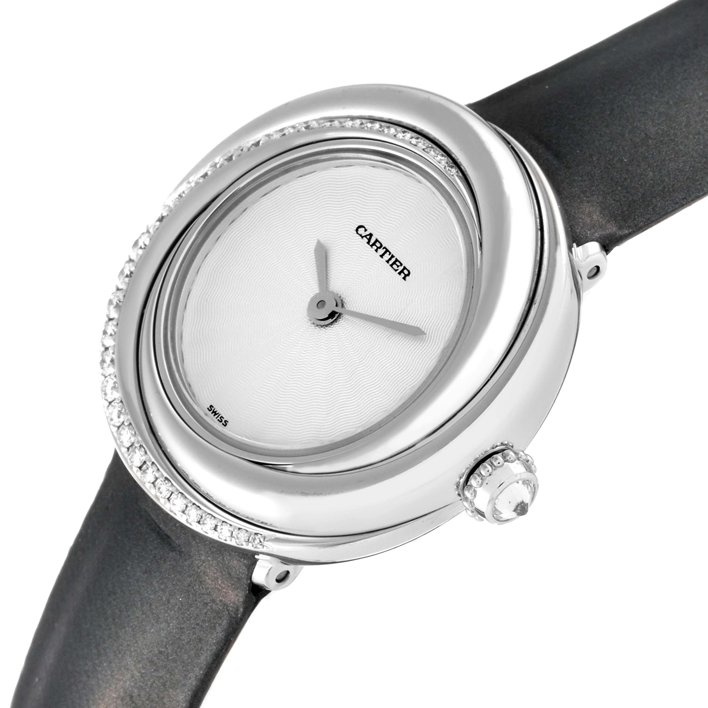 The image shows a Cartier Trinity WG201041 Women's White Gold Silver Dial WG201041 Women's White Gold Silver Dial model watch from a slightly angled side view, highlighting the dial, bezel, crown, and part of the strap.