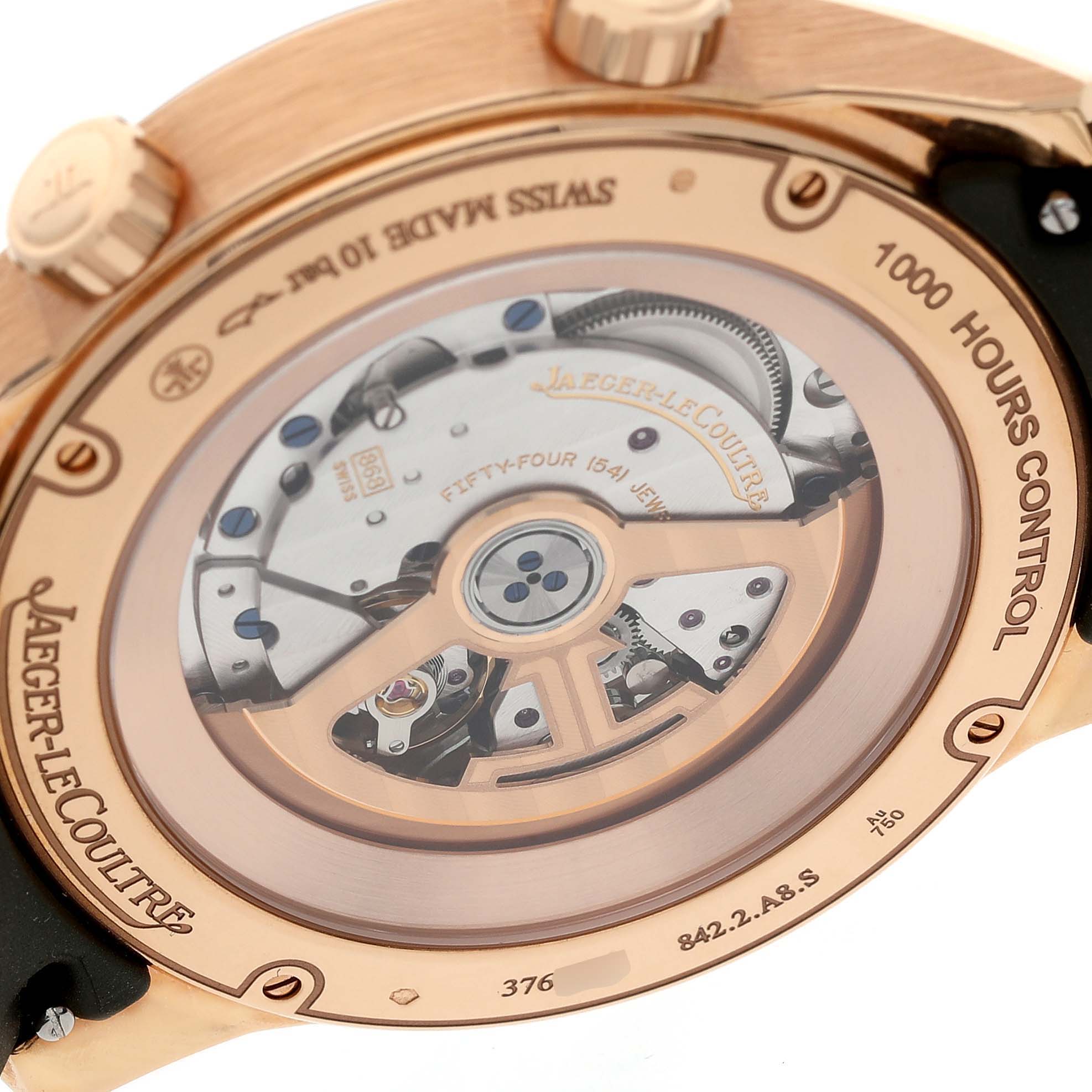 The image shows the back case of a Jaeger LeCoultre Polaris Q908263J Men's Rose Gold Green Dial watch, highlighting the movement and internal mechanics.