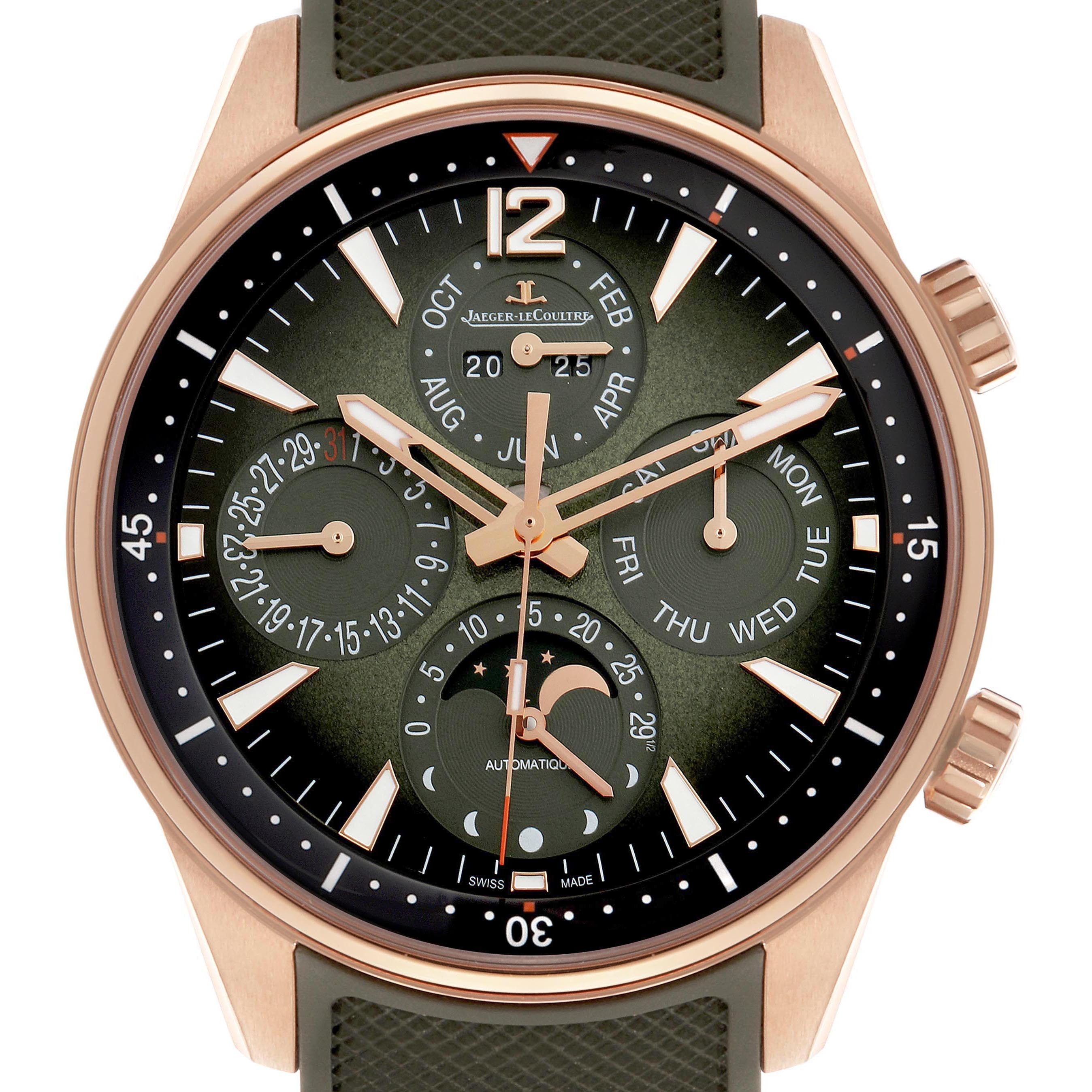 The Jaeger-LeCoultre Polaris watch is shown from the front, highlighting its dial, subdials, and crown details.