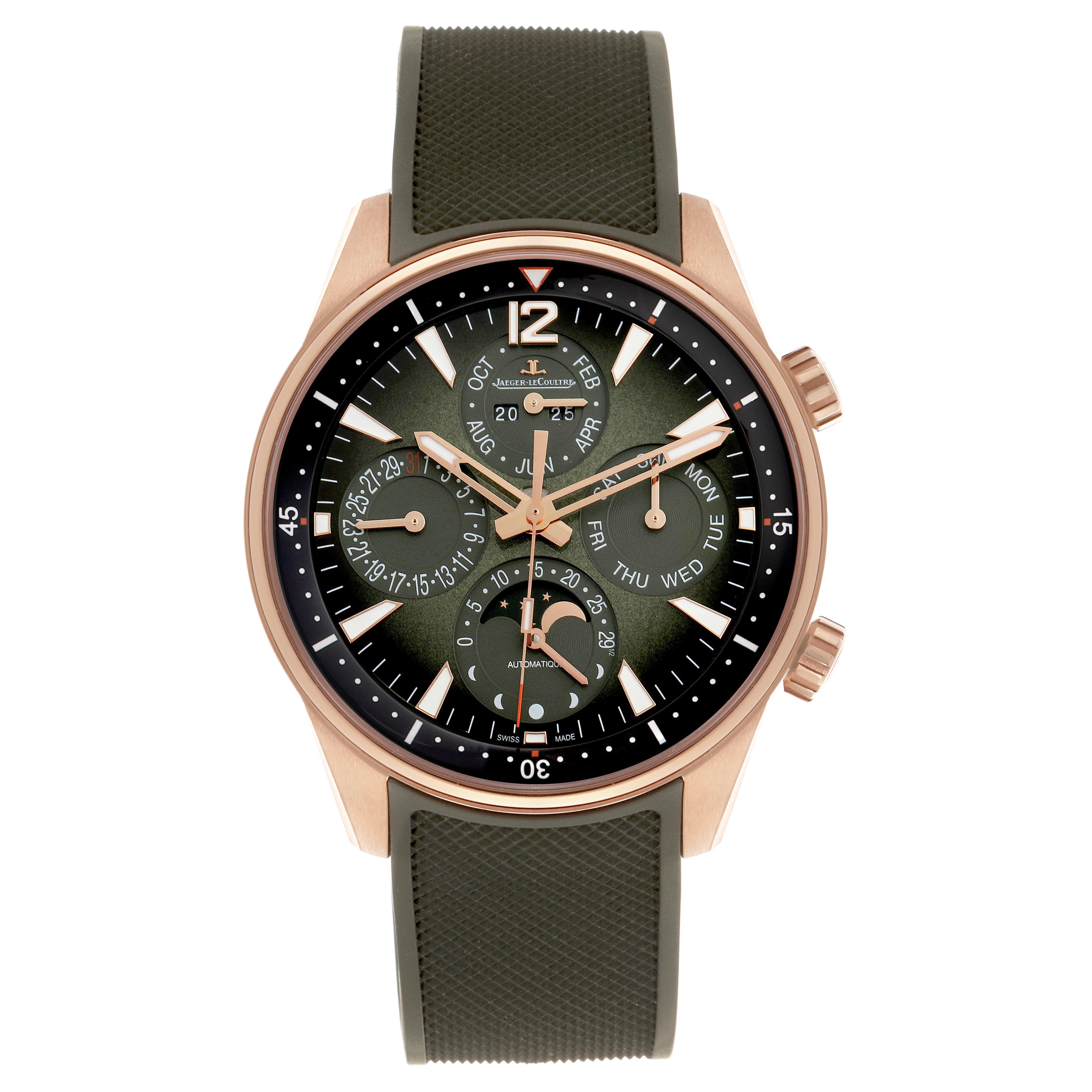 The image shows a front view of the Jaeger LeCoultre Polaris Q908263J Men's Rose Gold Green Dial watch, displaying its dial, hands, subdials, and strap.