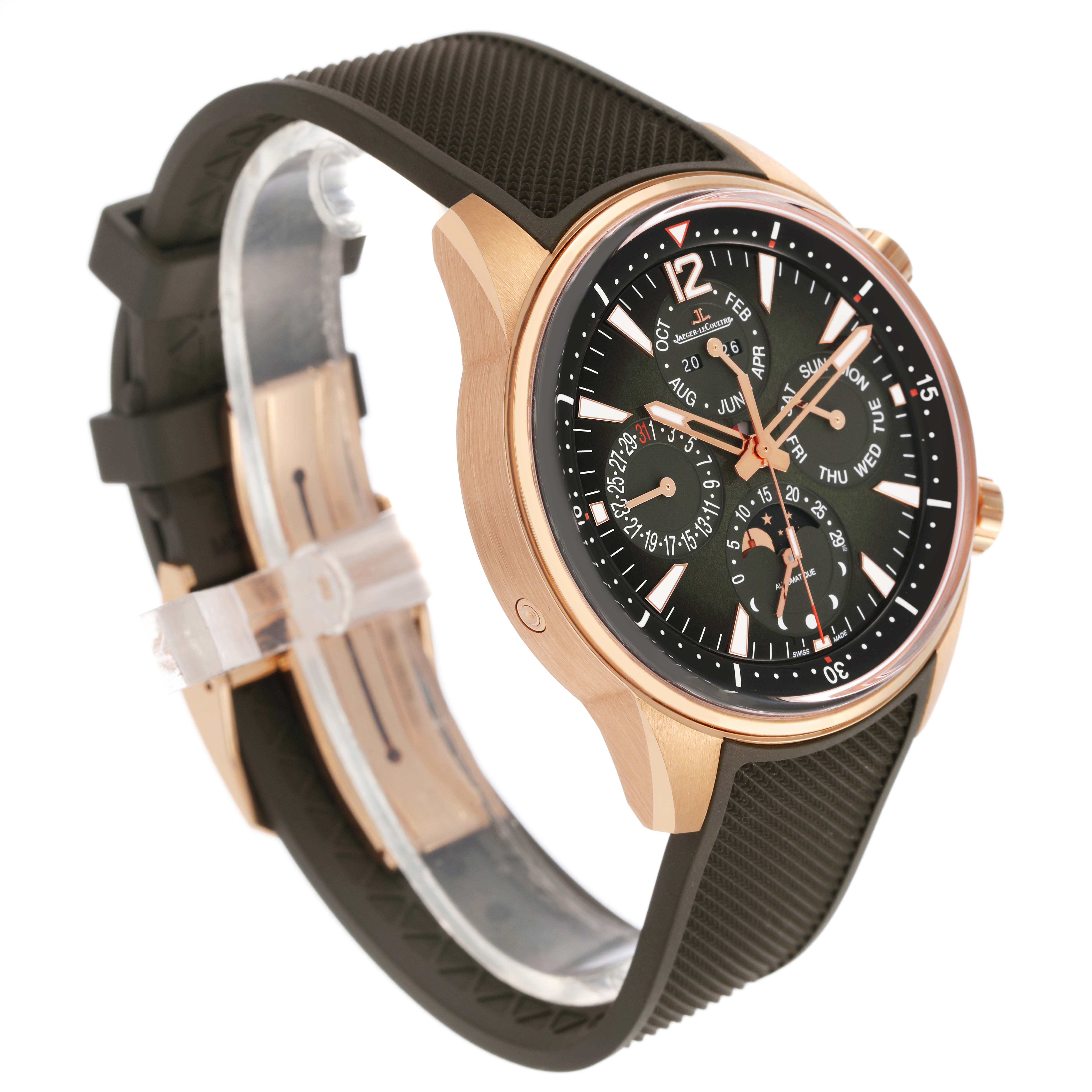 The Jaeger LeCoultre Polaris Q908263J Men's Rose Gold Green Dial watch is shown at an angled side view, featuring its dial, bezel, case, and strap.