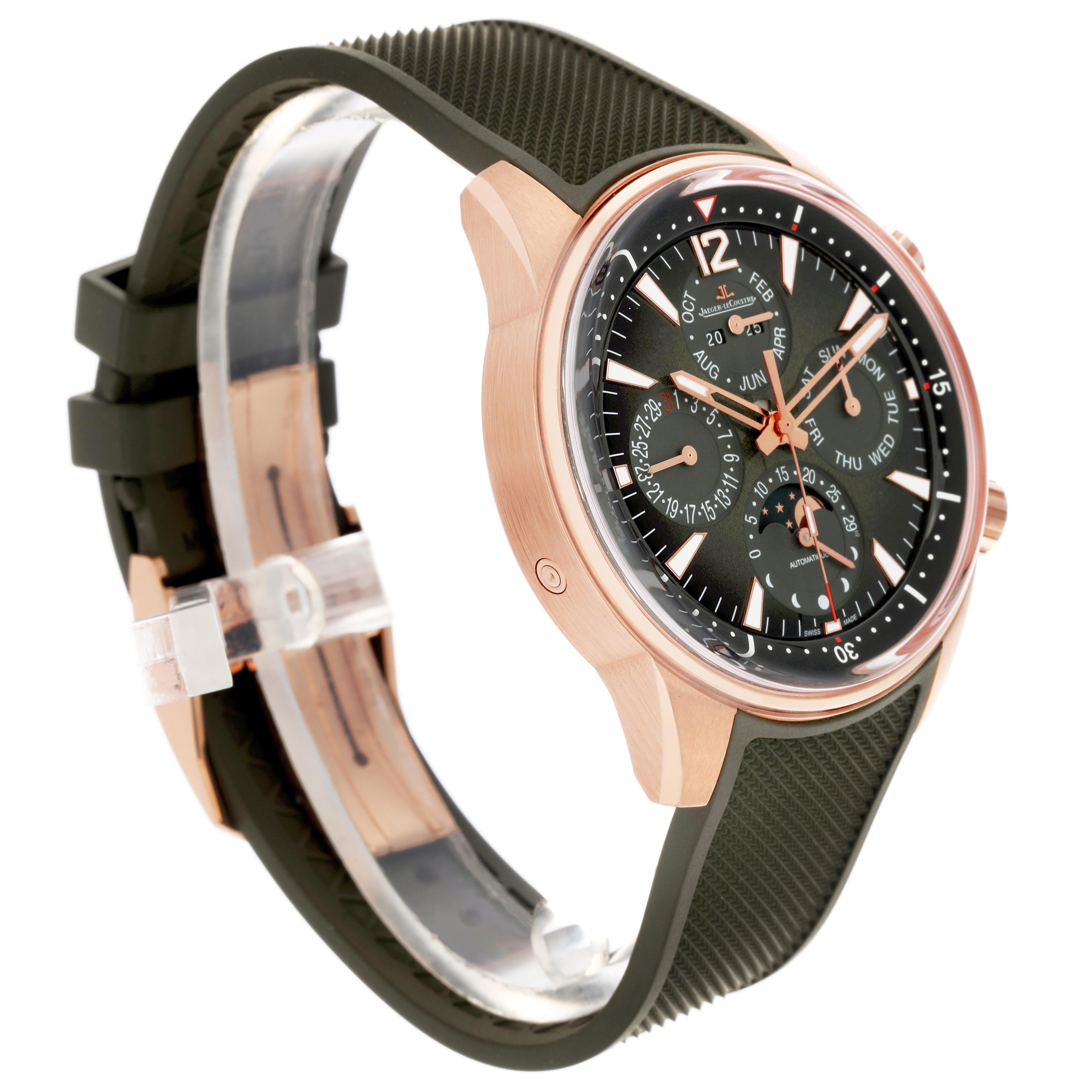 The image shows a side view angle of the Jaeger LeCoultre Polaris Q908263J Men's Rose Gold Green Dial model, highlighting its dial, bezel, case, and strap.