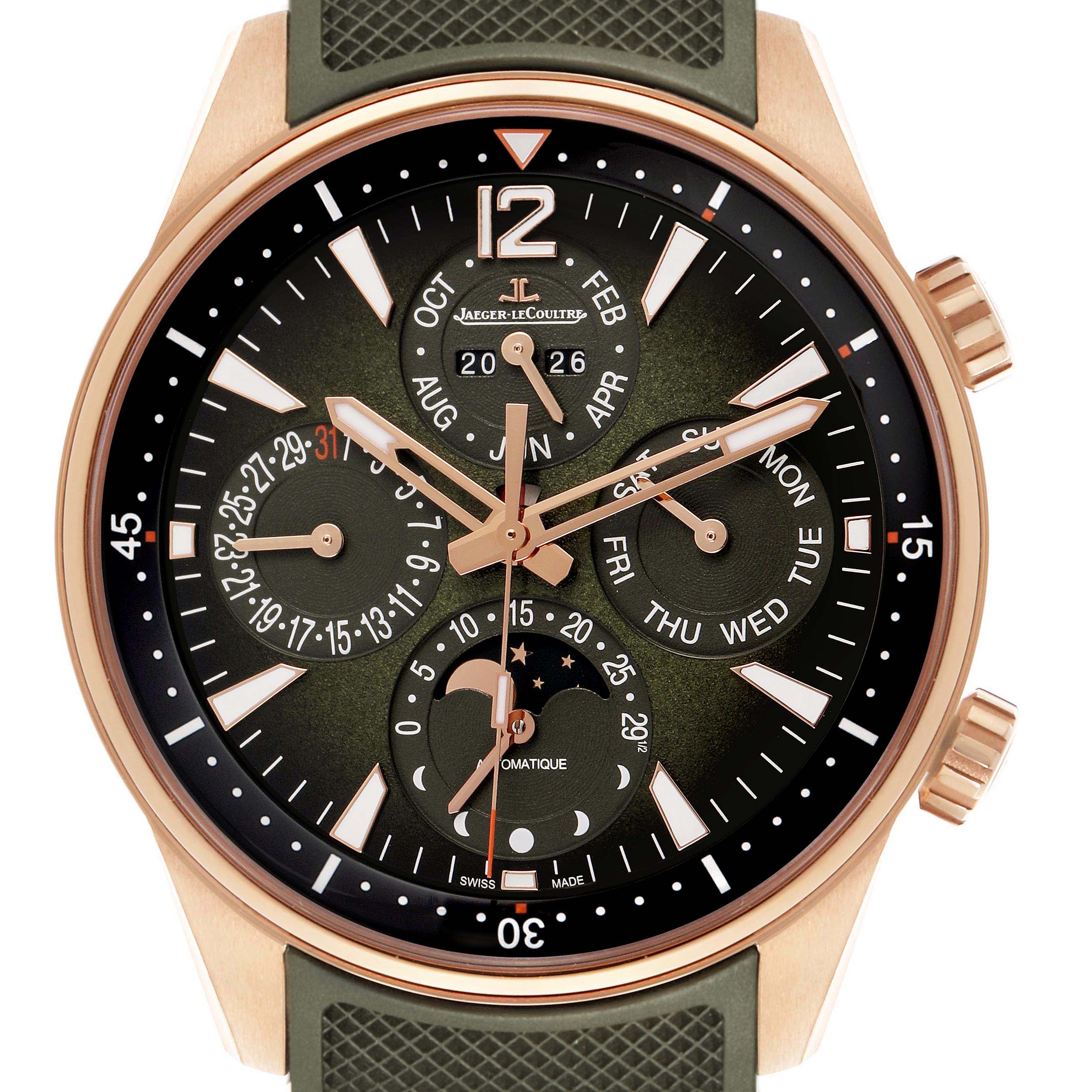 The image shows a frontal view of the Jaeger LeCoultre Polaris Q908263J Men's Rose Gold Green Dial watch, highlighting its dial with calendar features.