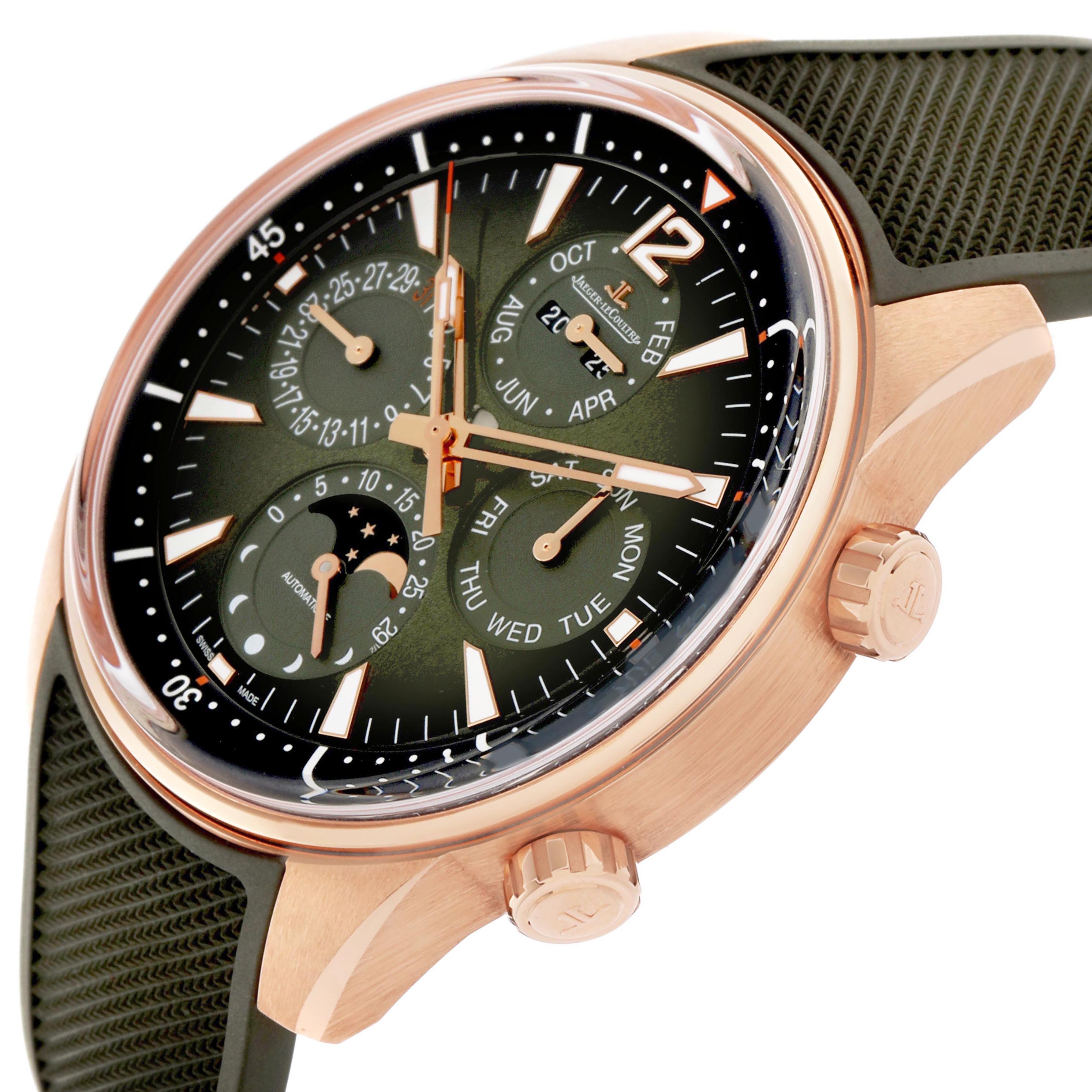 The Jaeger LeCoultre Polaris Q908263J Men's Rose Gold Green Dial watch is shown at an angle highlighting the face, subdials, rose gold case, and two crowns on the side.