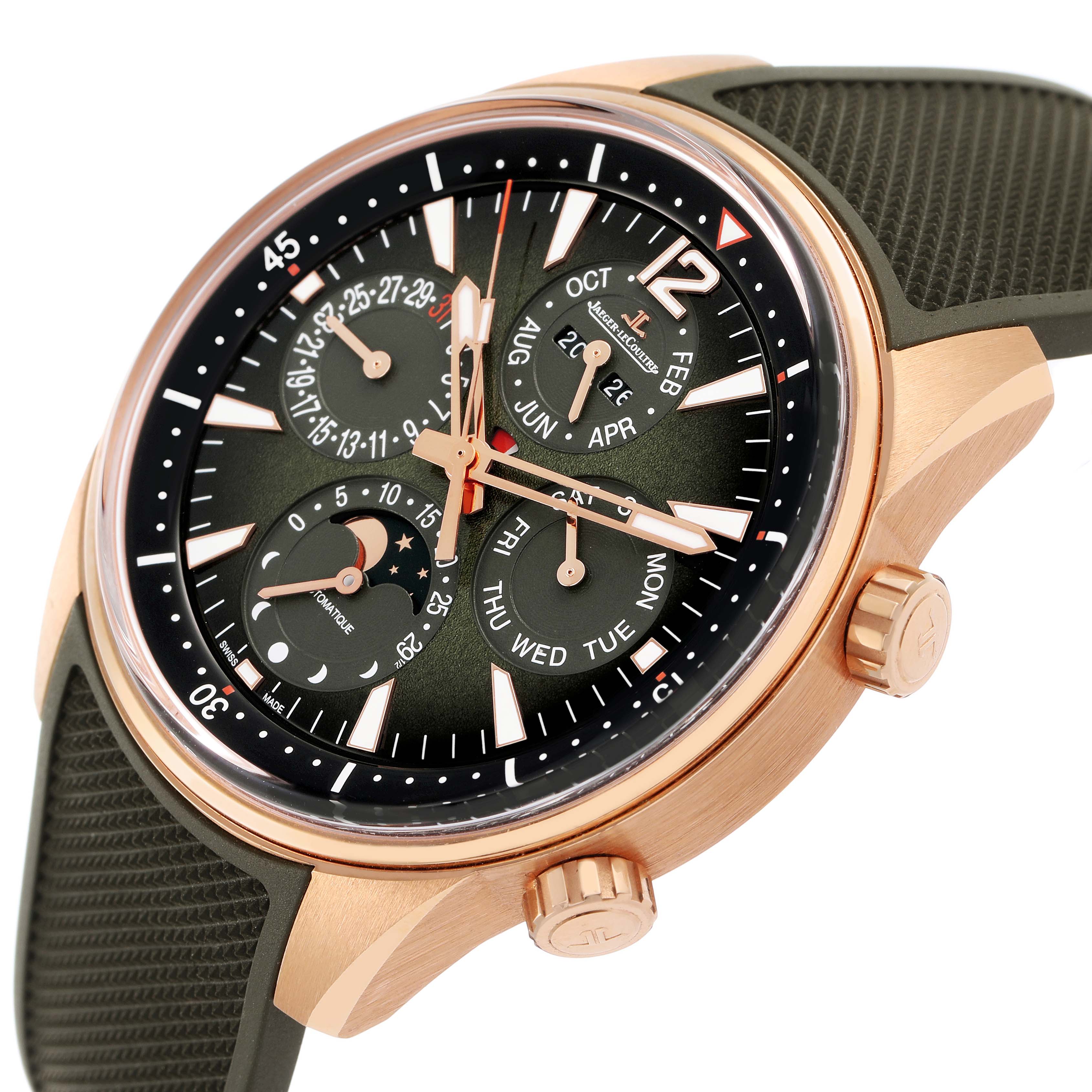 The Jaeger-LeCoultre Polaris watch is shown at an angle revealing the face, dials, bezel, and crown with a textured strap.