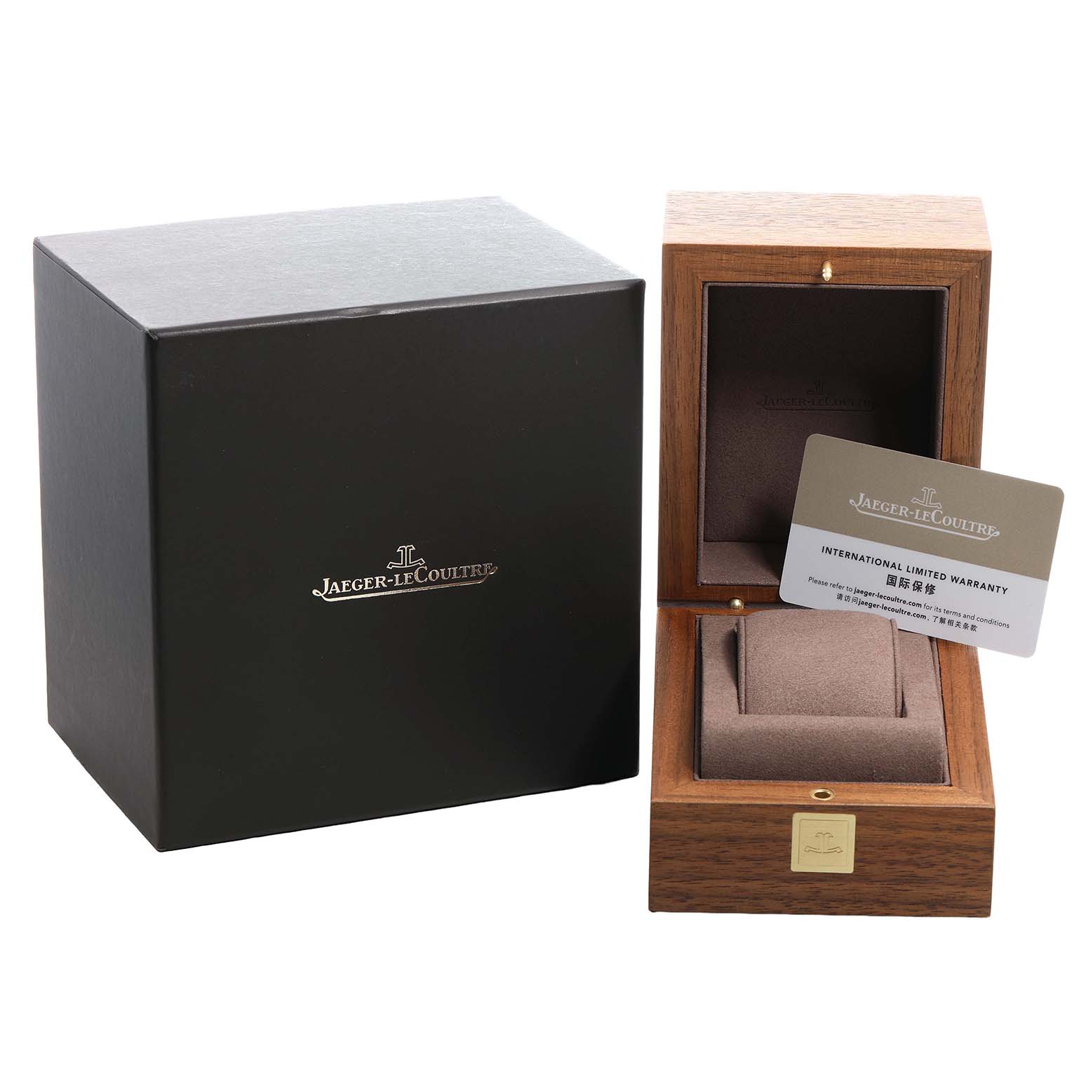 The image shows a Jaeger-LeCoultre Polaris watch box and warranty card, viewed from the front at an angle.