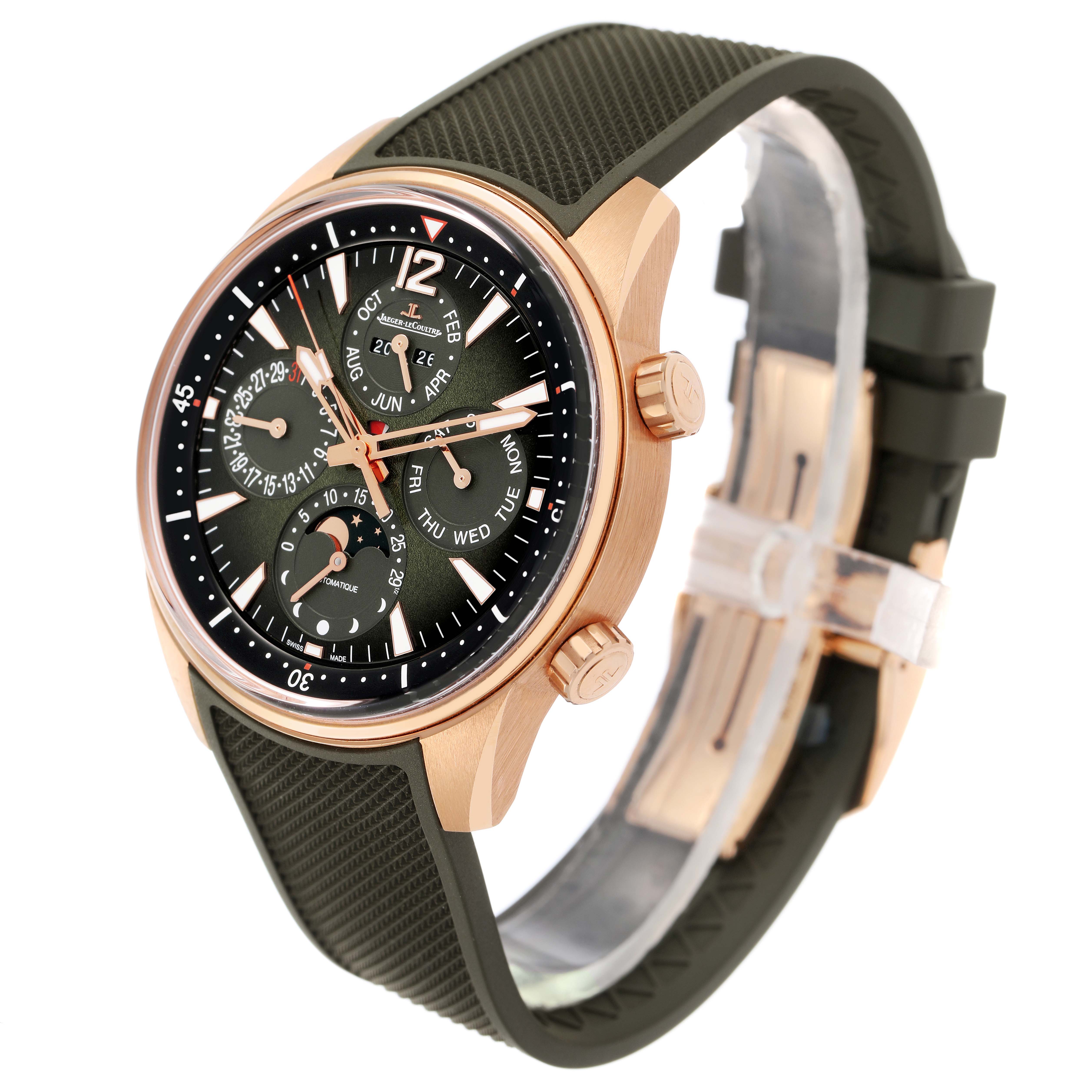 The Jaeger LeCoultre Polaris Q908263J Men's Rose Gold Green Dial watch is shown at a three-quarter angle, displaying its face, strap, and side buttons.