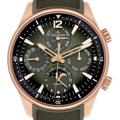 The image shows a frontal view of the Jaeger LeCoultre Polaris Q908263J Men's Rose Gold Green Dial watch, displaying the dial, hands, subdials, and bezel details.