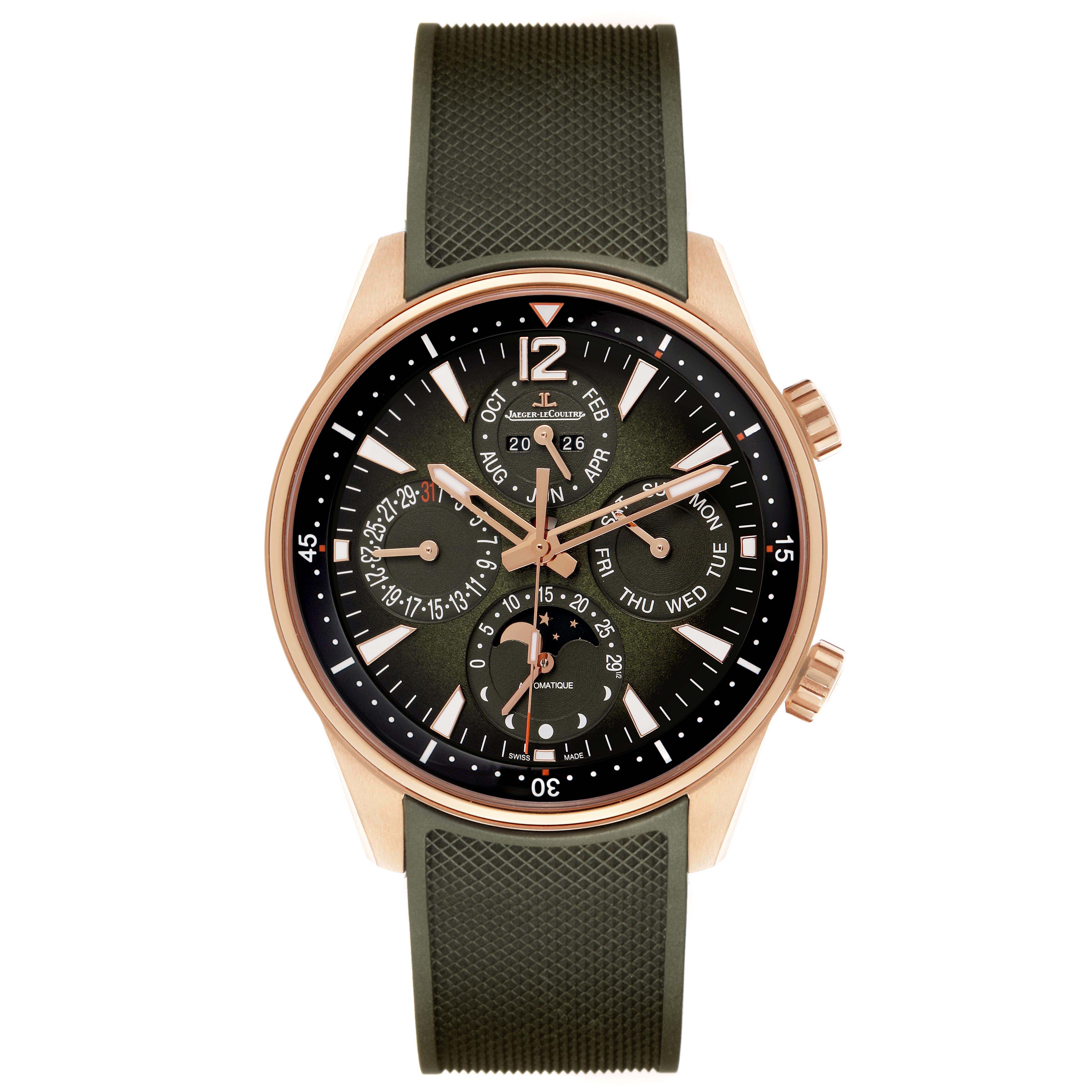 The Jaeger LeCoultre Polaris Q908263J Men's Rose Gold Green Dial watch is shown from the front, featuring a detailed dial with multiple sub-dials and a rubber strap.