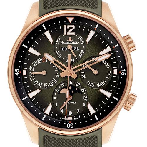 The Jaeger LeCoultre Polaris Q908263J Men's Rose Gold Green Dial watch is shown from the front, displaying its dial with calendar and moon phase features.