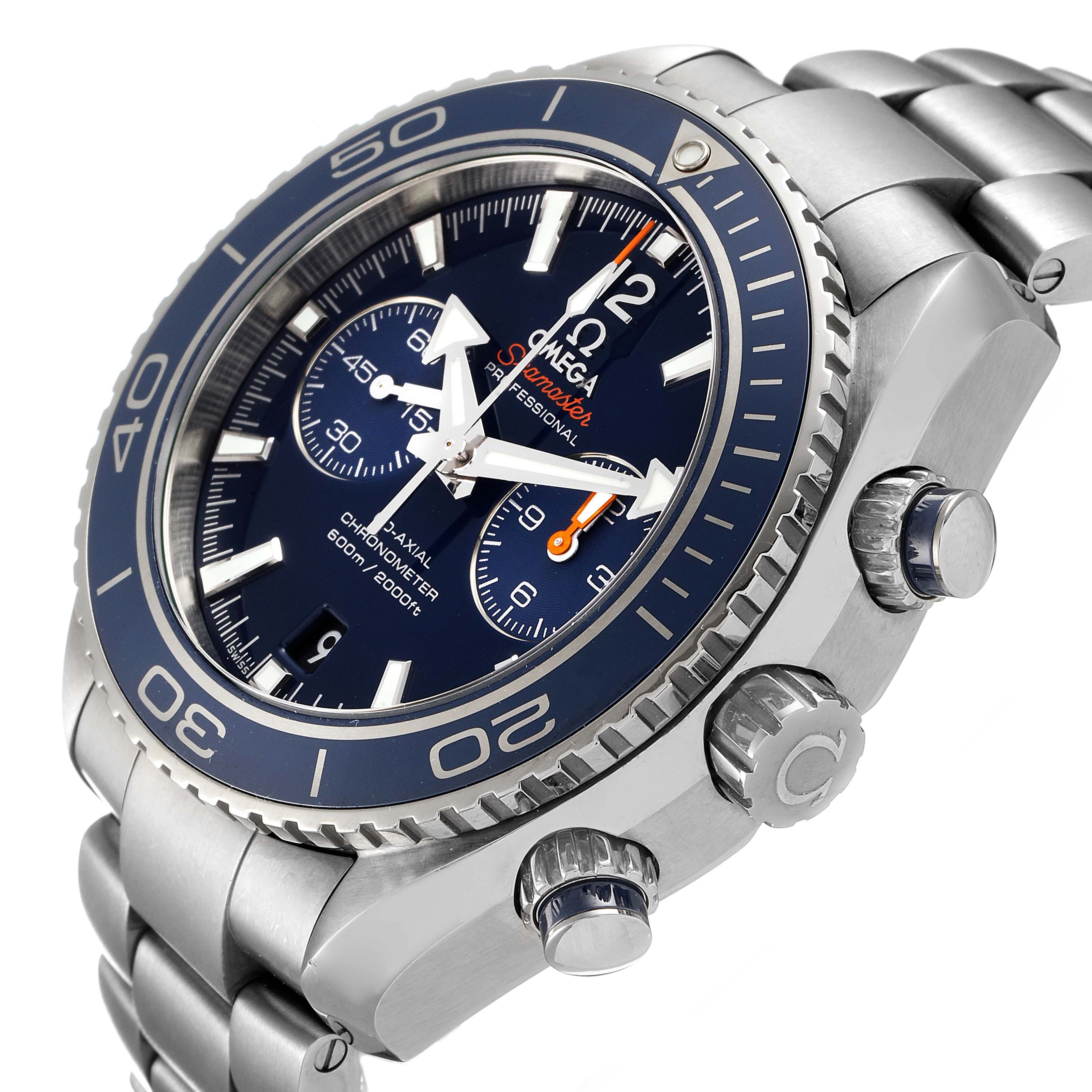 This Omega Planet Ocean 232.90.46.51.03.001 Men's Titanium Blue Dial 232.90.46.51.03.001 Men's Titanium Blue Dial watch is shown at an angle displaying the face, three crowns, and part of the metal bracelet.