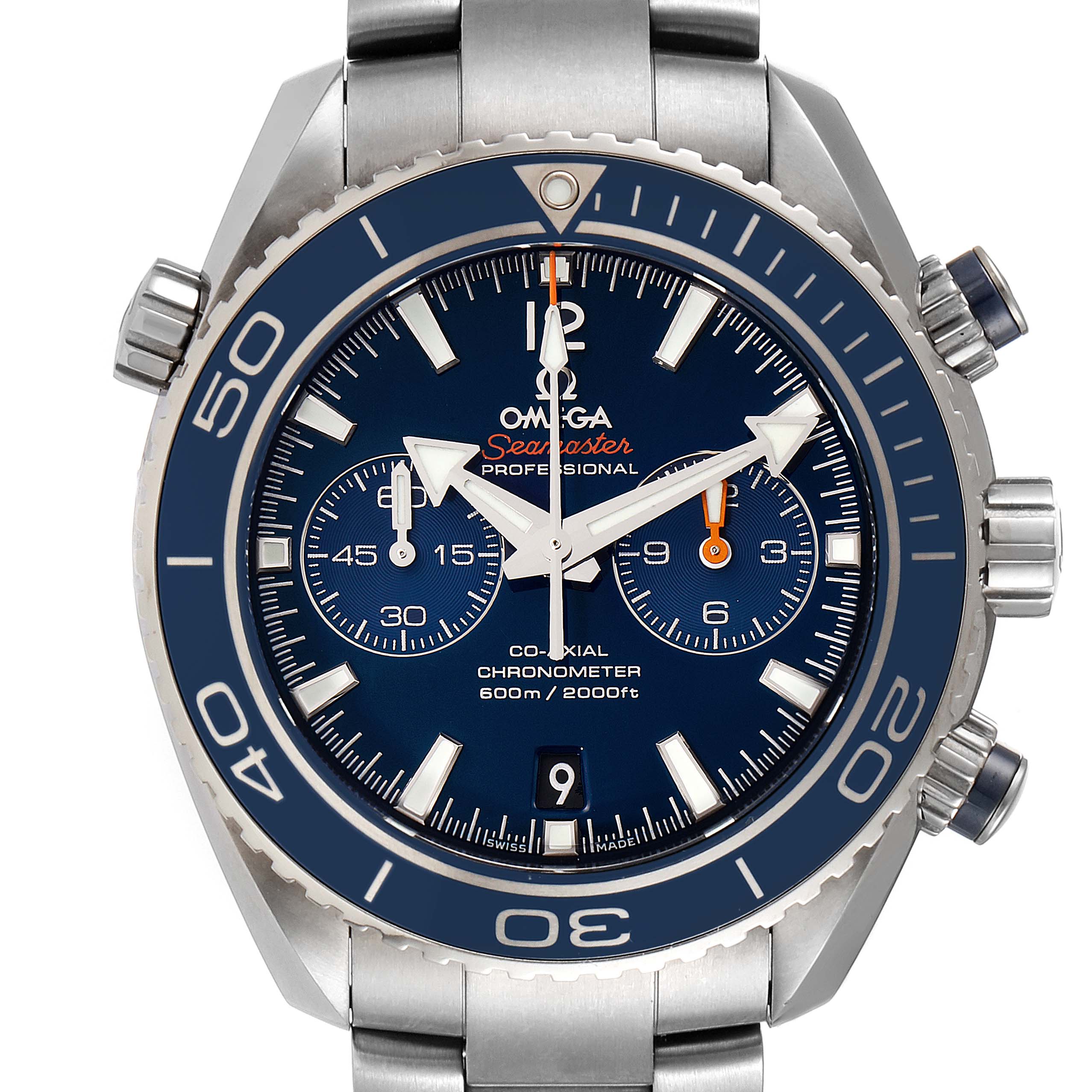The image shows a front view of the Omega Planet Ocean 232.90.46.51.03.001 Men's Titanium Blue Dial 232.90.46.51.03.001 Men's Titanium Blue Dial watch, displaying the dial, bezel, and chronograph features.