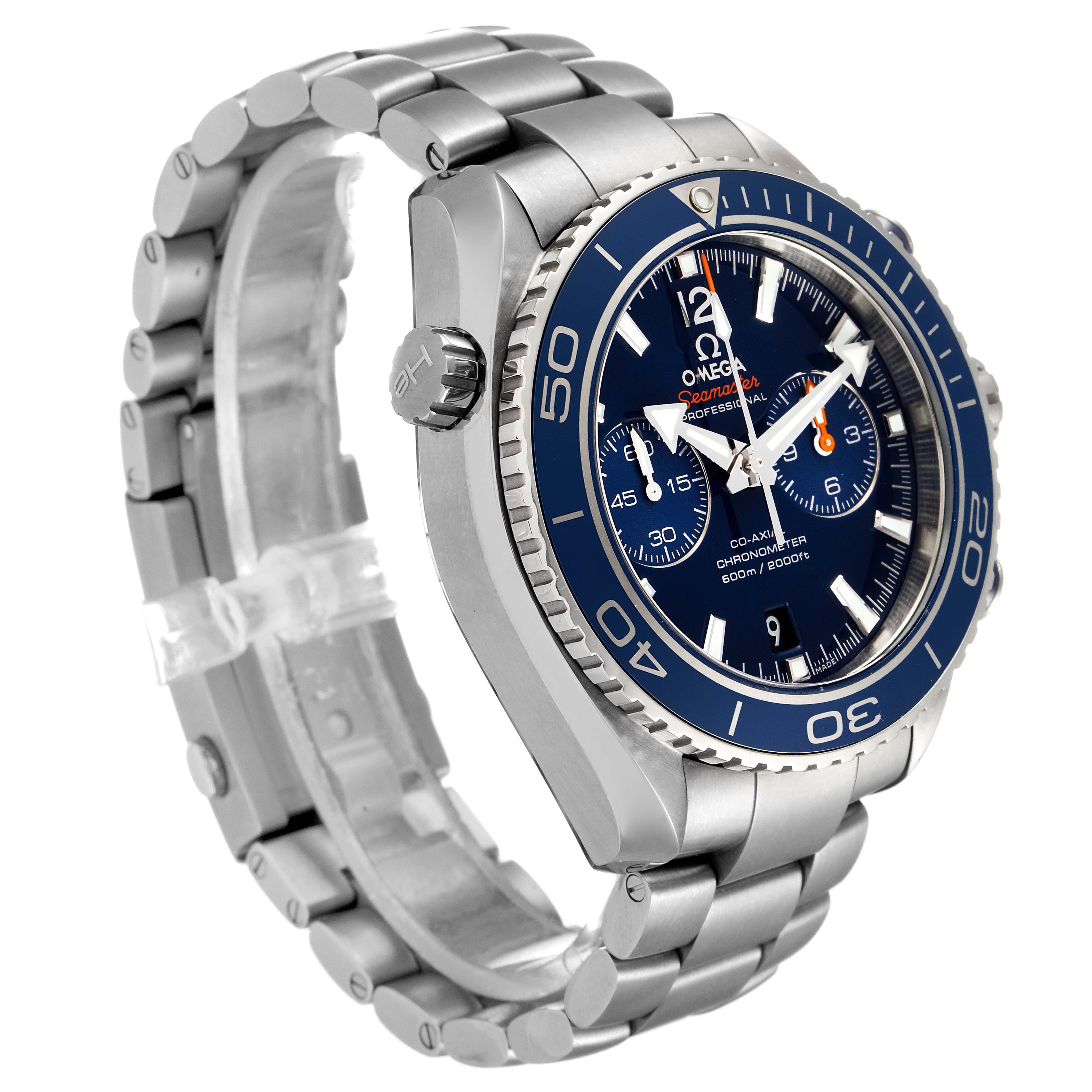 The image shows a side angle view of an Omega Seamaster Planet Ocean model, highlighting the dial, bezel, and bracelet.