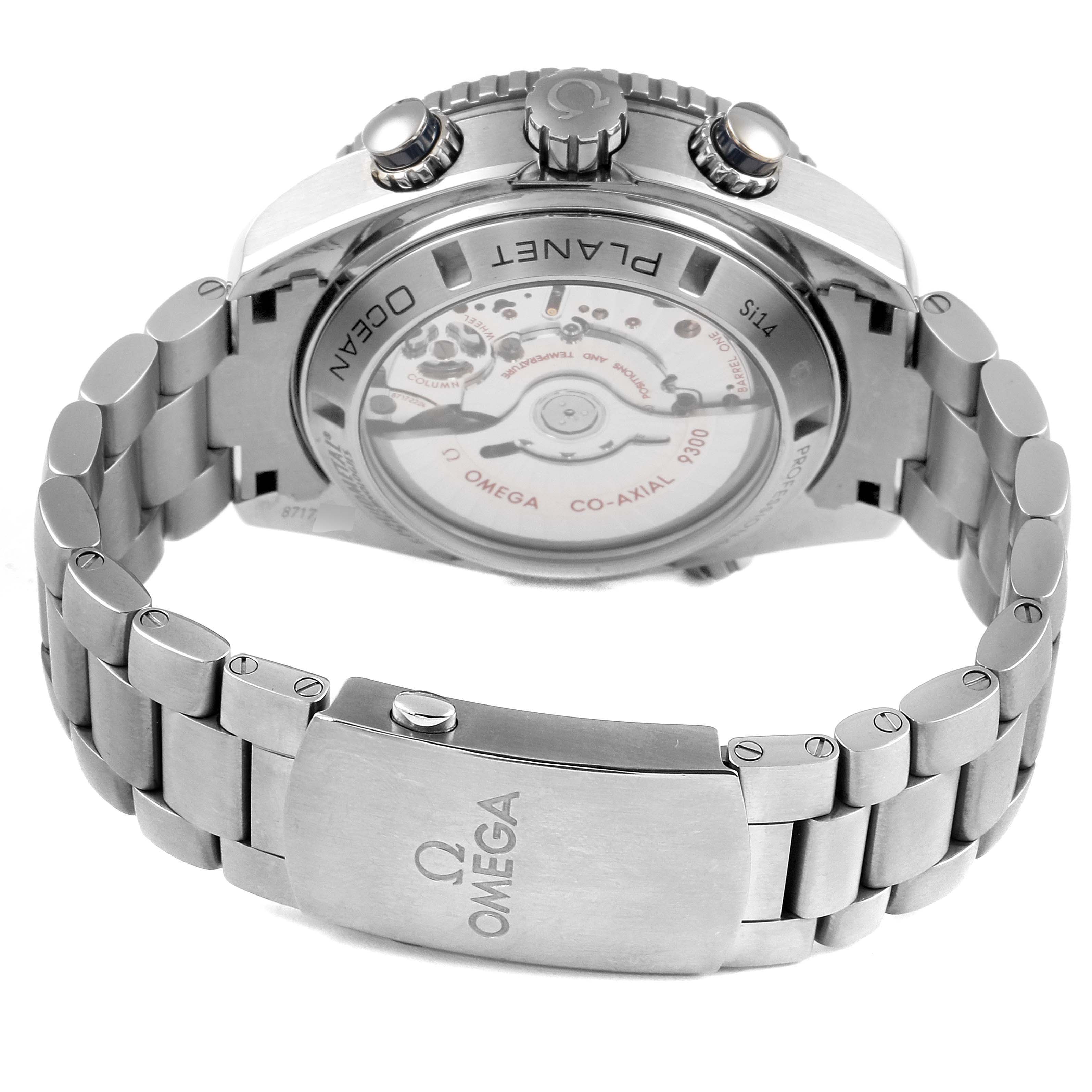 The image shows the back and side profile of the Omega Planet Ocean 232.90.46.51.03.001 Men's Titanium Blue Dial 232.90.46.51.03.001 Men's Titanium Blue Dial watch, highlighting the case back and metal bracelet.