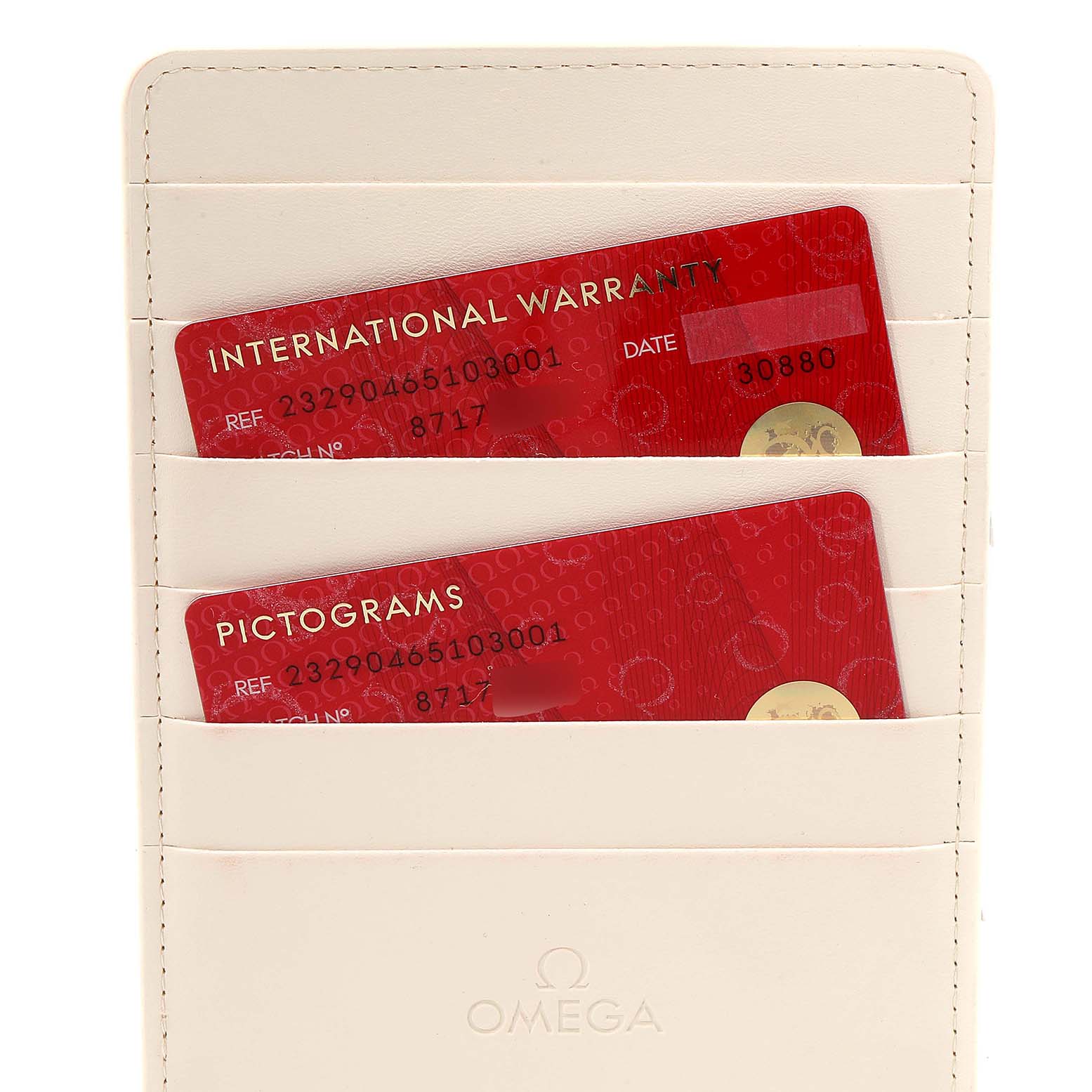 The image shows two Omega Planet Ocean 232.90.46.51.03.001 Men's Titanium Blue Dial 232.90.46.51.03.001 Men's Titanium Blue Dial warranty and pictogram cards in a white holder.