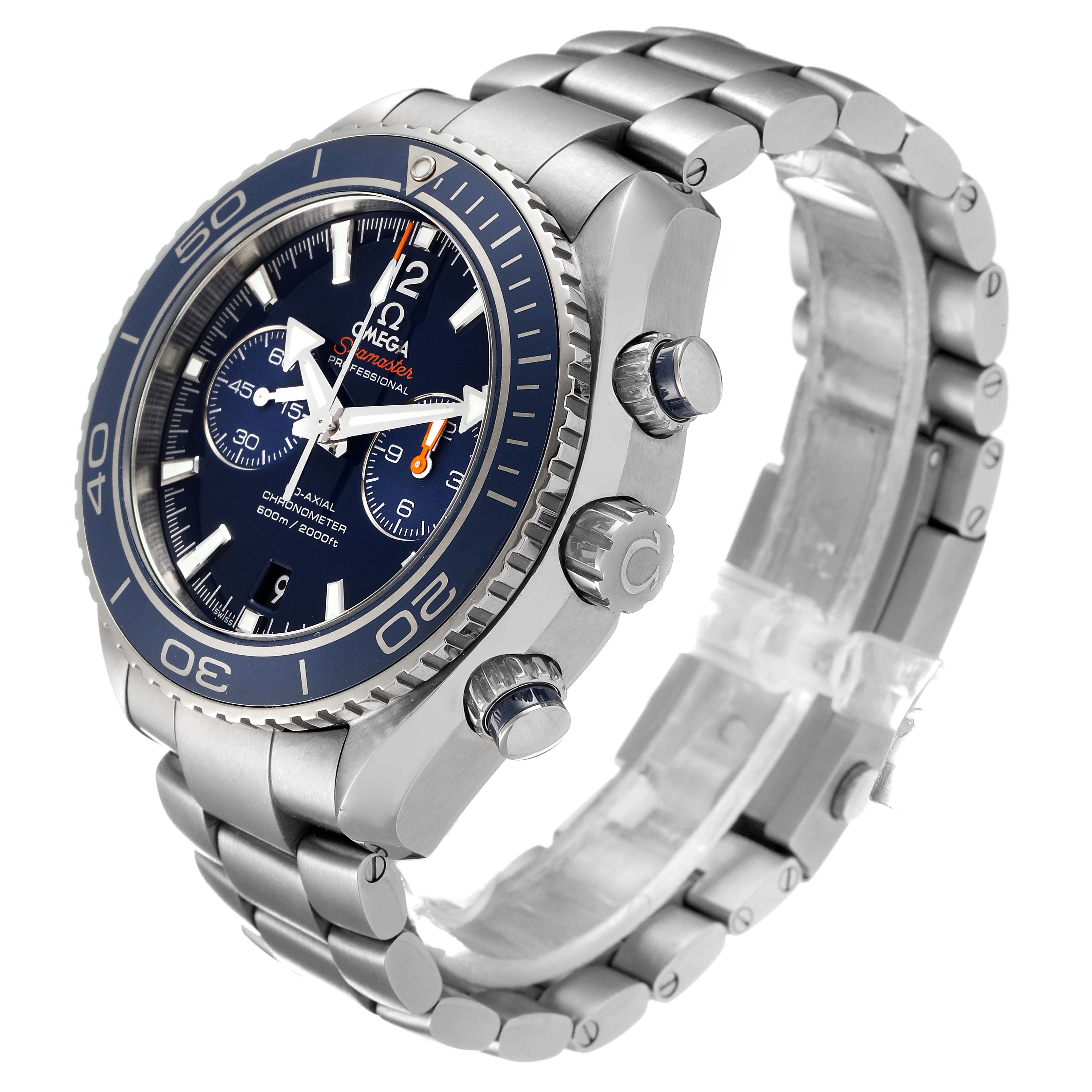 The Omega Planet Ocean 232.90.46.51.03.001 Men's Titanium Blue Dial 232.90.46.51.03.001 Men's Titanium Blue Dial watch is shown at a three-quarter angle, highlighting the dial, bezel, crown, pushers, and bracelet.