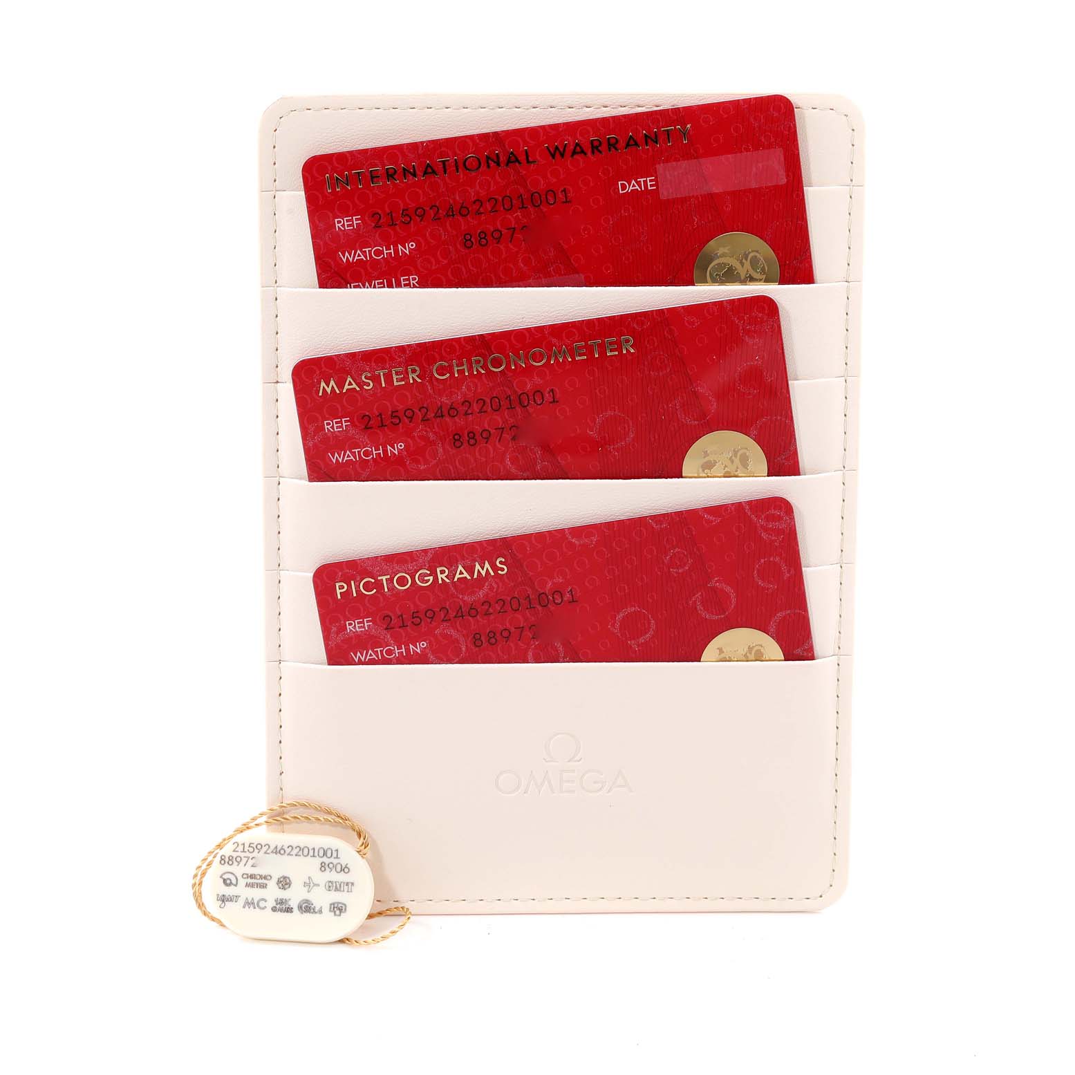 The image shows a cardholder with three Omega cards (International Warranty, Master Chronometer, Pictograms) related to the Planet Ocean model.