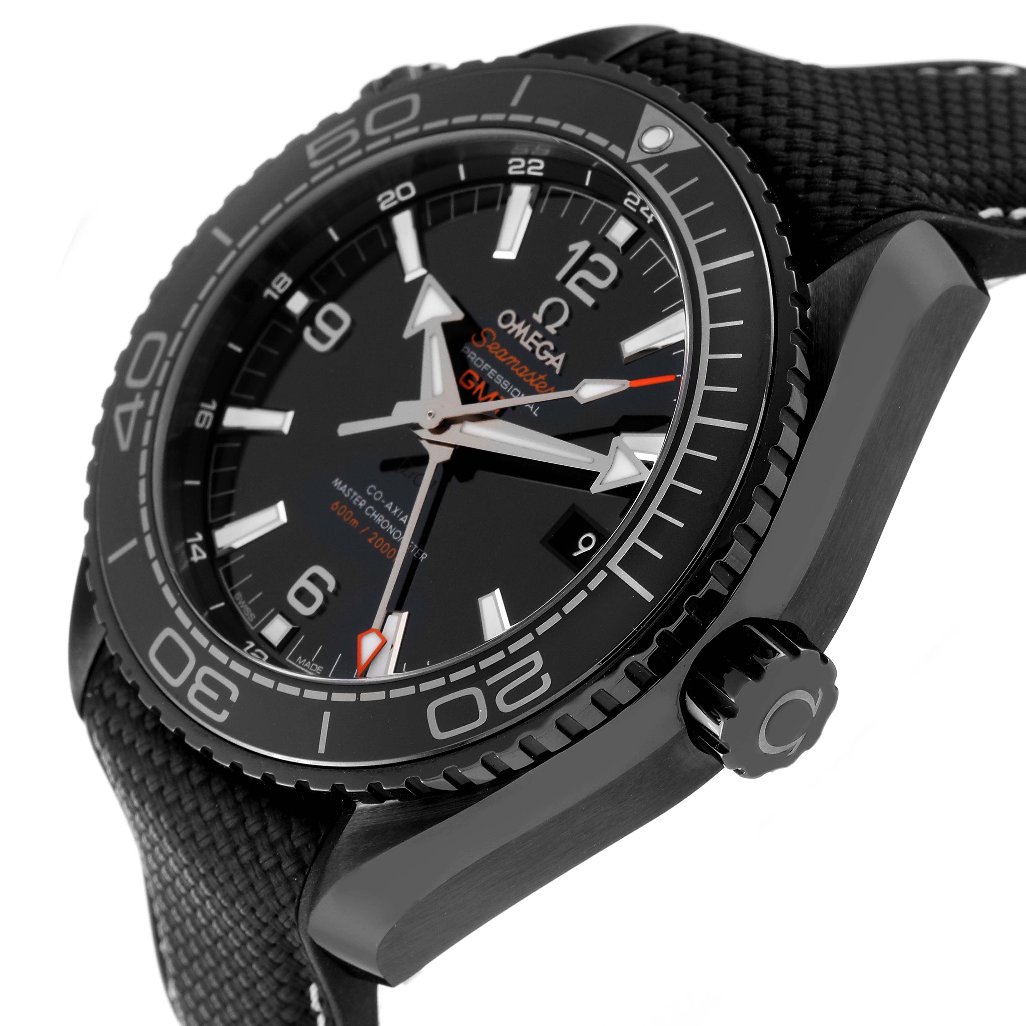 This image shows an angled view of an Omega Planet Ocean 215.82.46.22.01.001 Men's Ceramic Black Dial 215.82.46.22.01.001 Men's Ceramic Black Dial watch, highlighting the dial, bezel, and crown.